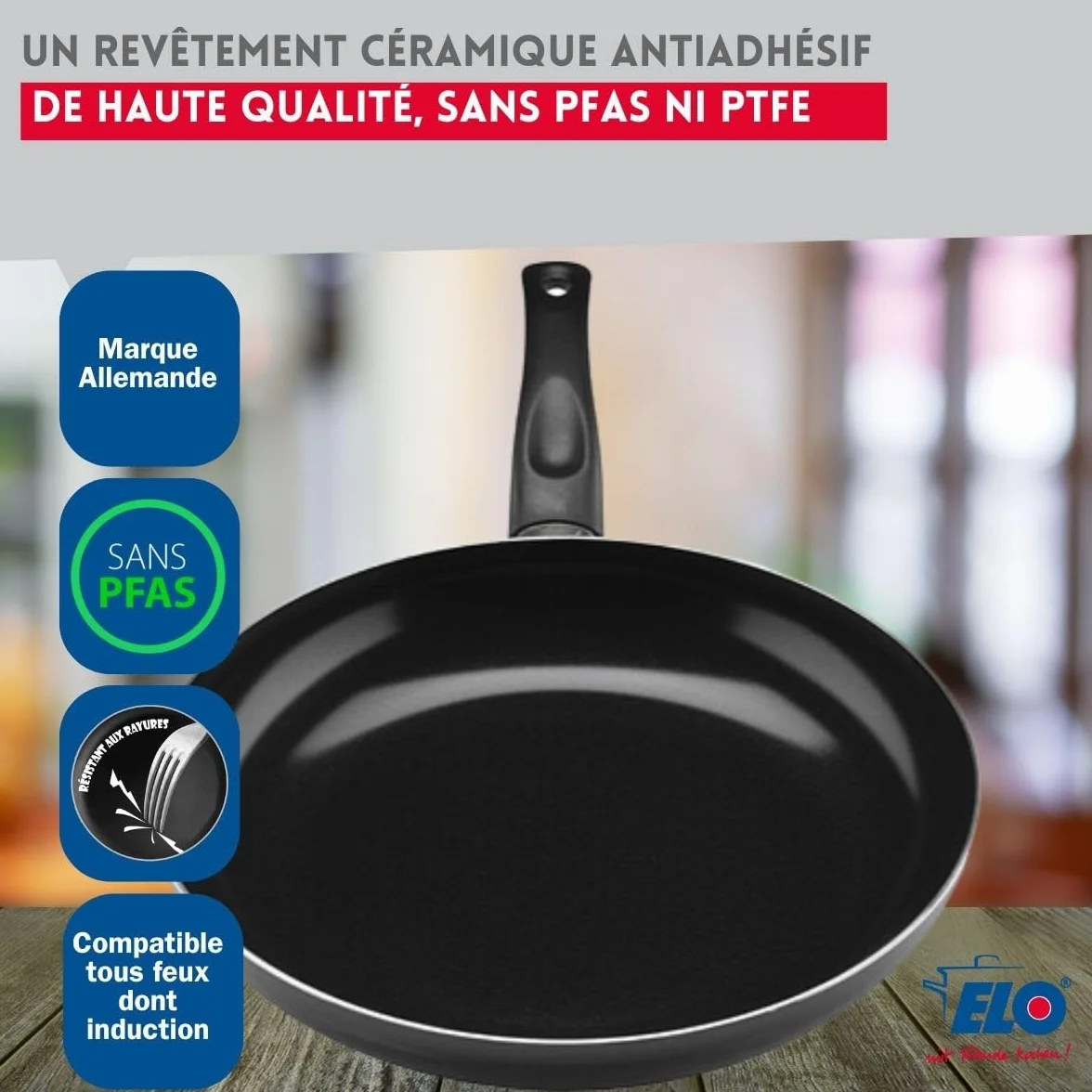 ELO 9741250 Naczynia kuchenne 5 sztuk, zestaw 3 patelni 20, 24 i 28 cm oraz 2 rondle 14 i 16 cm Elo Prima Błyszczący, stal nierdzewna, indukcyjny