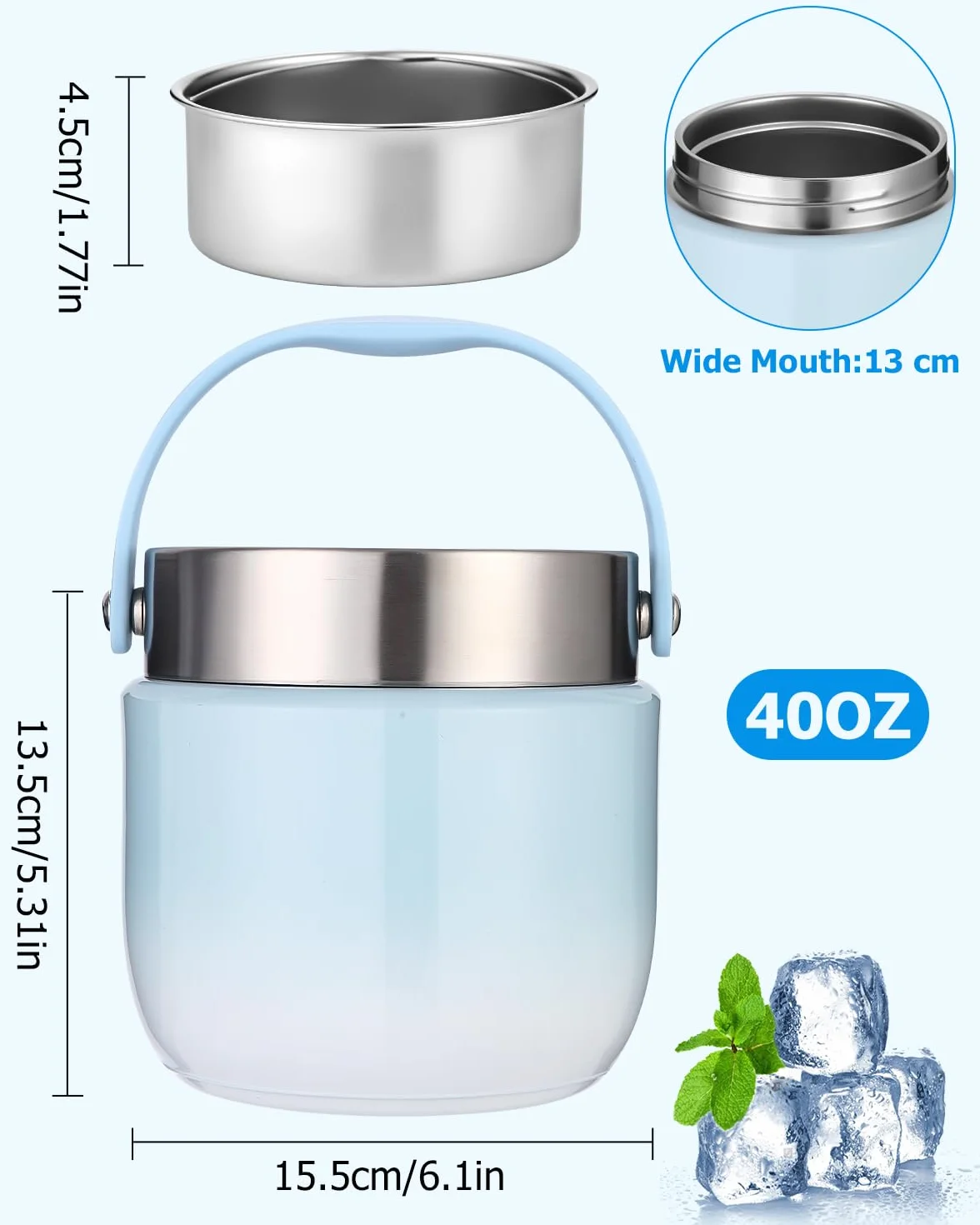 Pojemnik termiczny do jedzenia, 1200 ml, miska termiczna z pokrywką, pojemnik utrzymujący ciepło ze stali nierdzewnej ze składaną łyżeczką, pudełko na lunch dla dzieci i dorosłych, do przechowywania