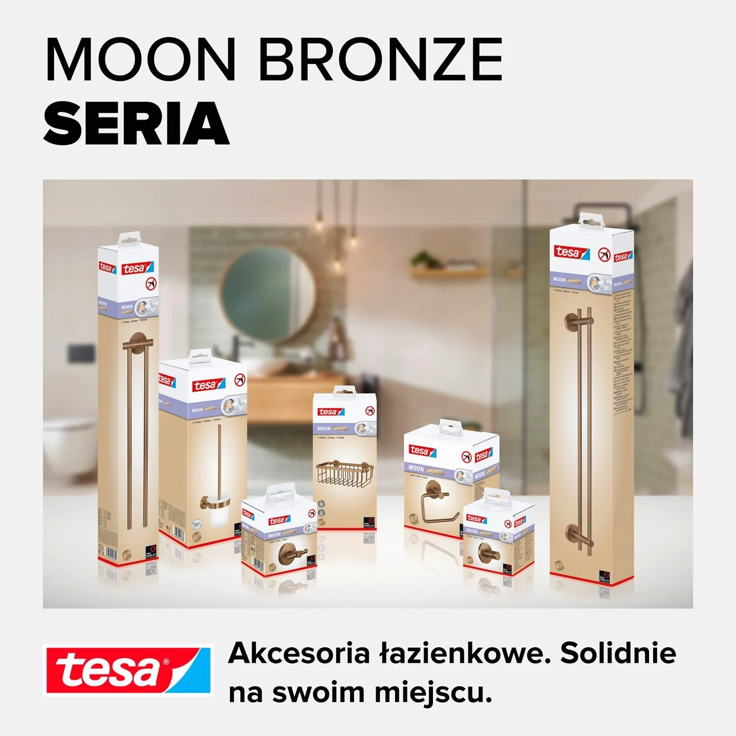 tesa MOON samoprzylepna półka prysznicowa - kolor grafitowy - jednopoziomowa i bardzo głęboka - półka prysznicowa z metalu pokrytego powłoką PVD - bez wiercenia, z klejem - 92 mm x 250 mm x 125 mm