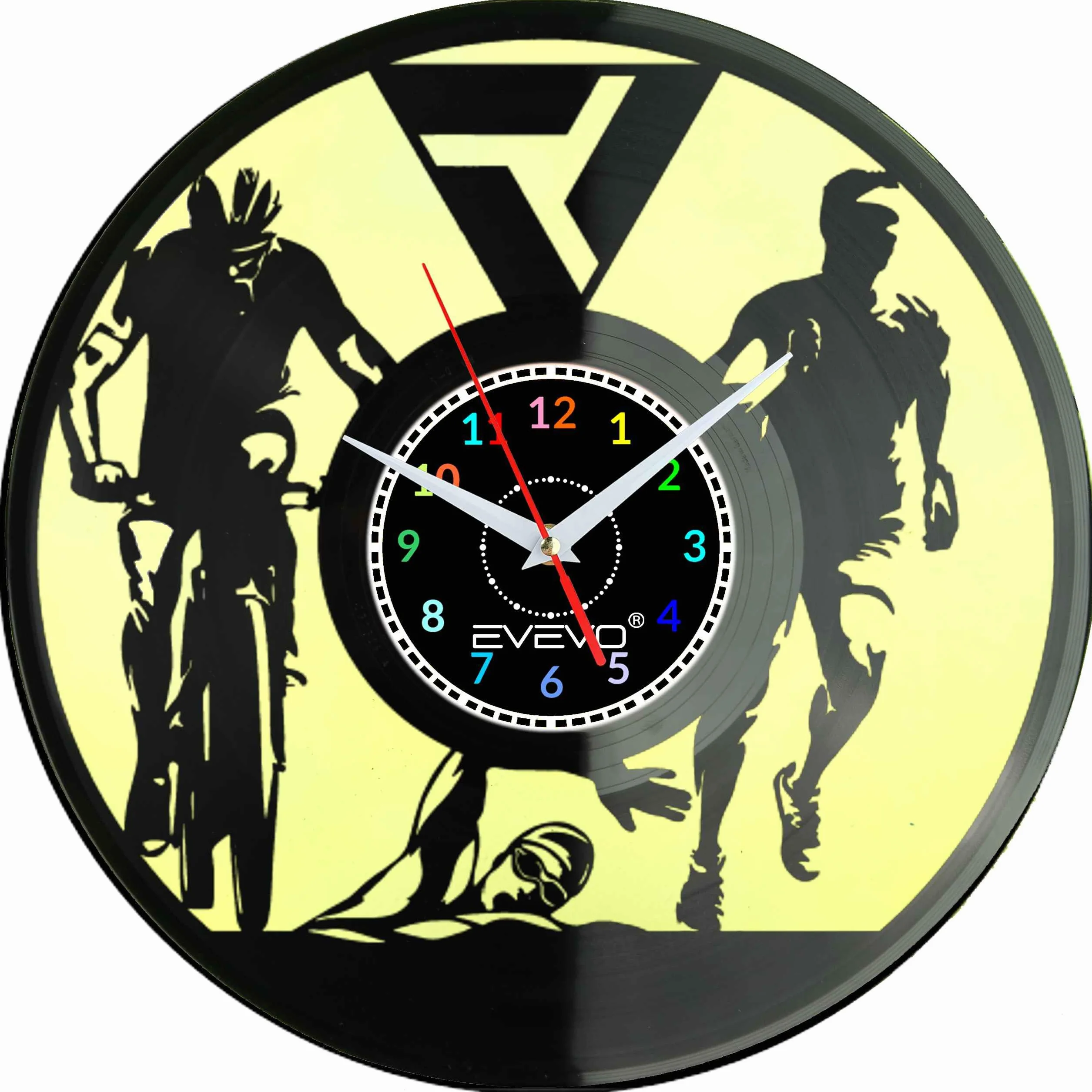 ZEGAR ŚCIENNY IRONMAN TRIATHLON FLUORESCENCYJNE TŁO PŁYTA WINYLOWA PREZENT UPOMINEK URODZINY GIFT SOUVENIR F0052