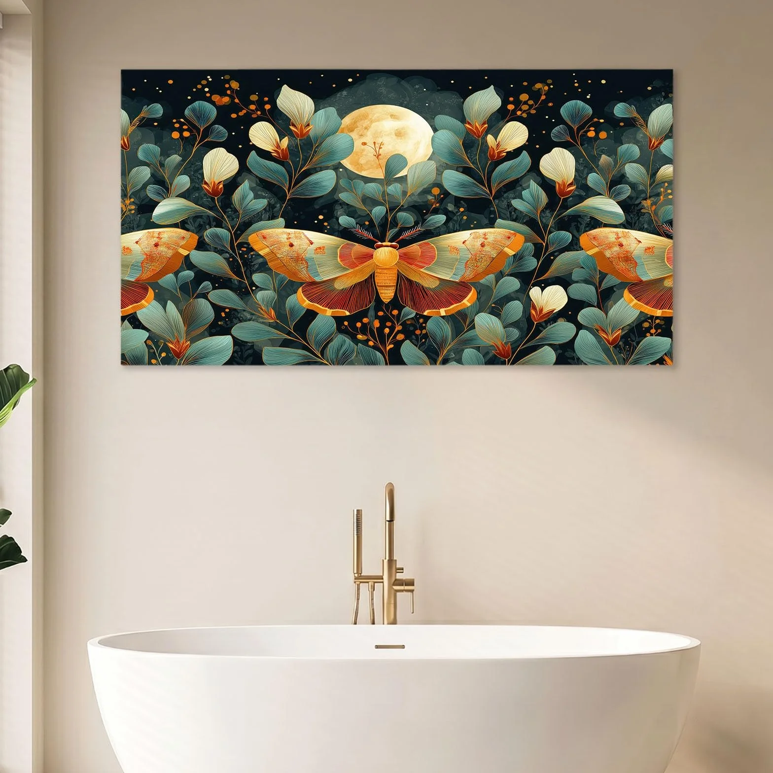 Obraz ścienny fantazyjny obraz roślinny obraz na płótnie - płótno ścienne 120 x 80 cm, wydruk na płótnie z motylem, liśćmi księżyca, oprawiona sztuka ścienna do salonu i sypialni, dekoracja ścienna