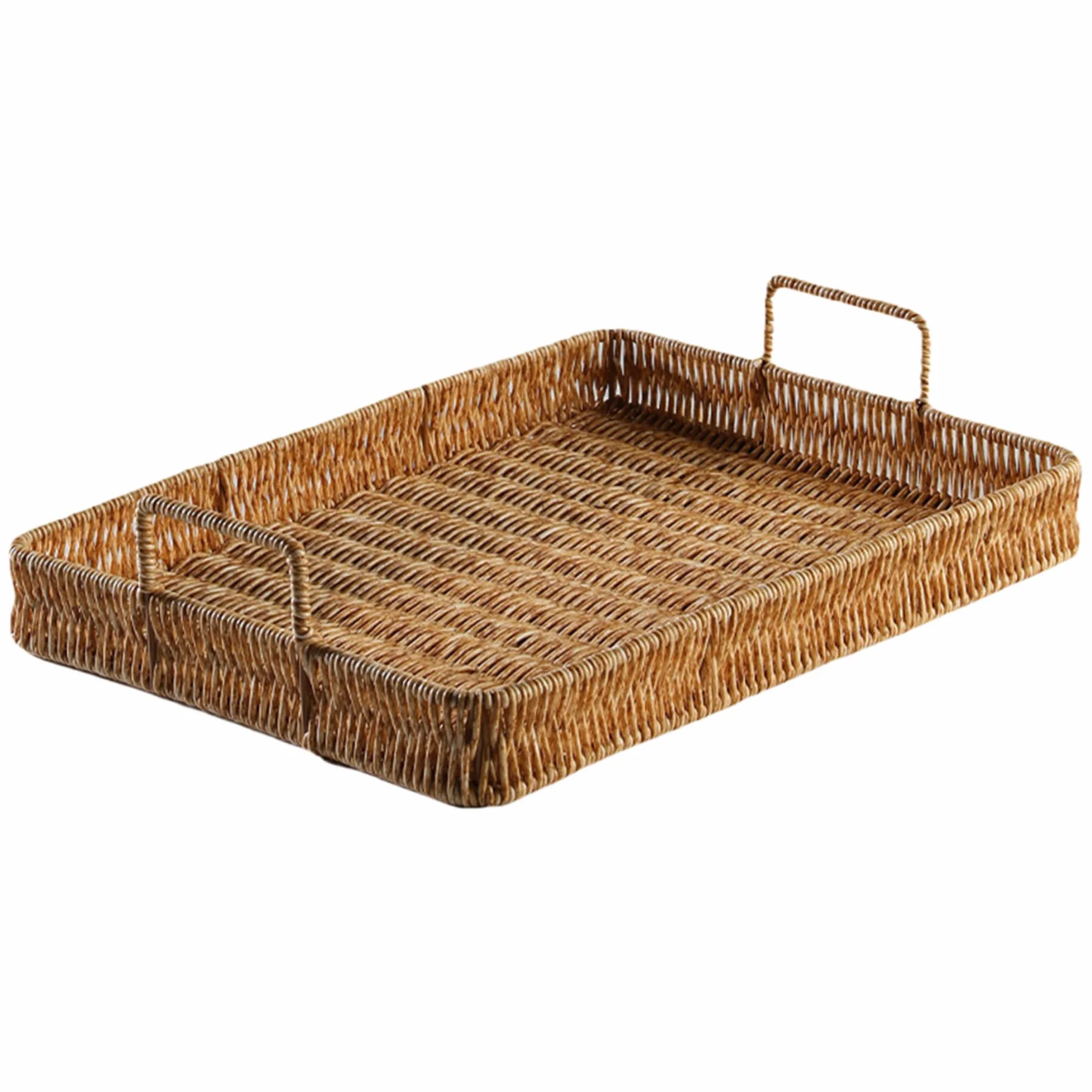 Prostokątny wiklinowy kosz do przechowywania z uchwytami, 41 x 31,5 x 8,9 cm, ręcznie robiony plastikowy rattan, duża pojemność, na stolik kawowy, dekoracja, niezbędne akcesoria łazienkowe