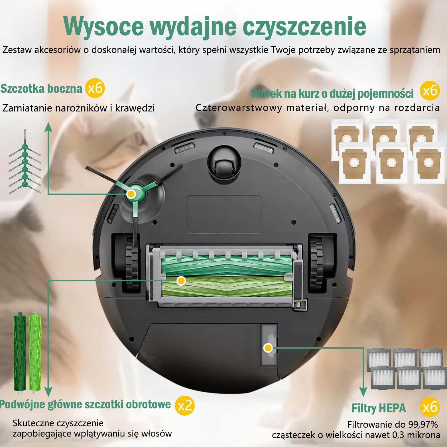 Zestaw 21 części zamiennych LOVOBO do robota odkurzającego iRobot Roomba Max 705 Vac/Plus 504 Vac, zestaw akcesoriów z 2 głównymi szczotkami 6 workami na kurz 6 filtrami HEPA 6 bocznymi szczotkami