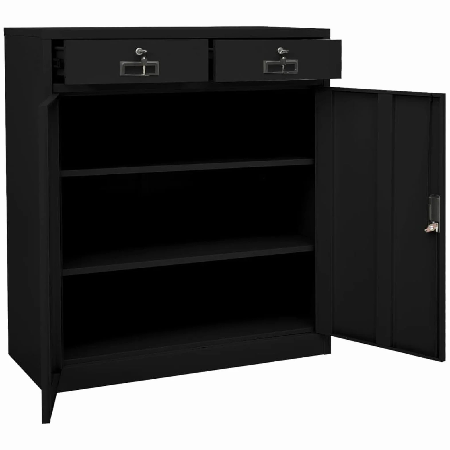 Szafka na akta, czarna, stalowa, 90 x 40 x 102 cm, z 2 półkami o regulowanej wysokości, 2 szufladami na łożyskach kulkowych i zamkami bezpieczeństwa – organizacja biura