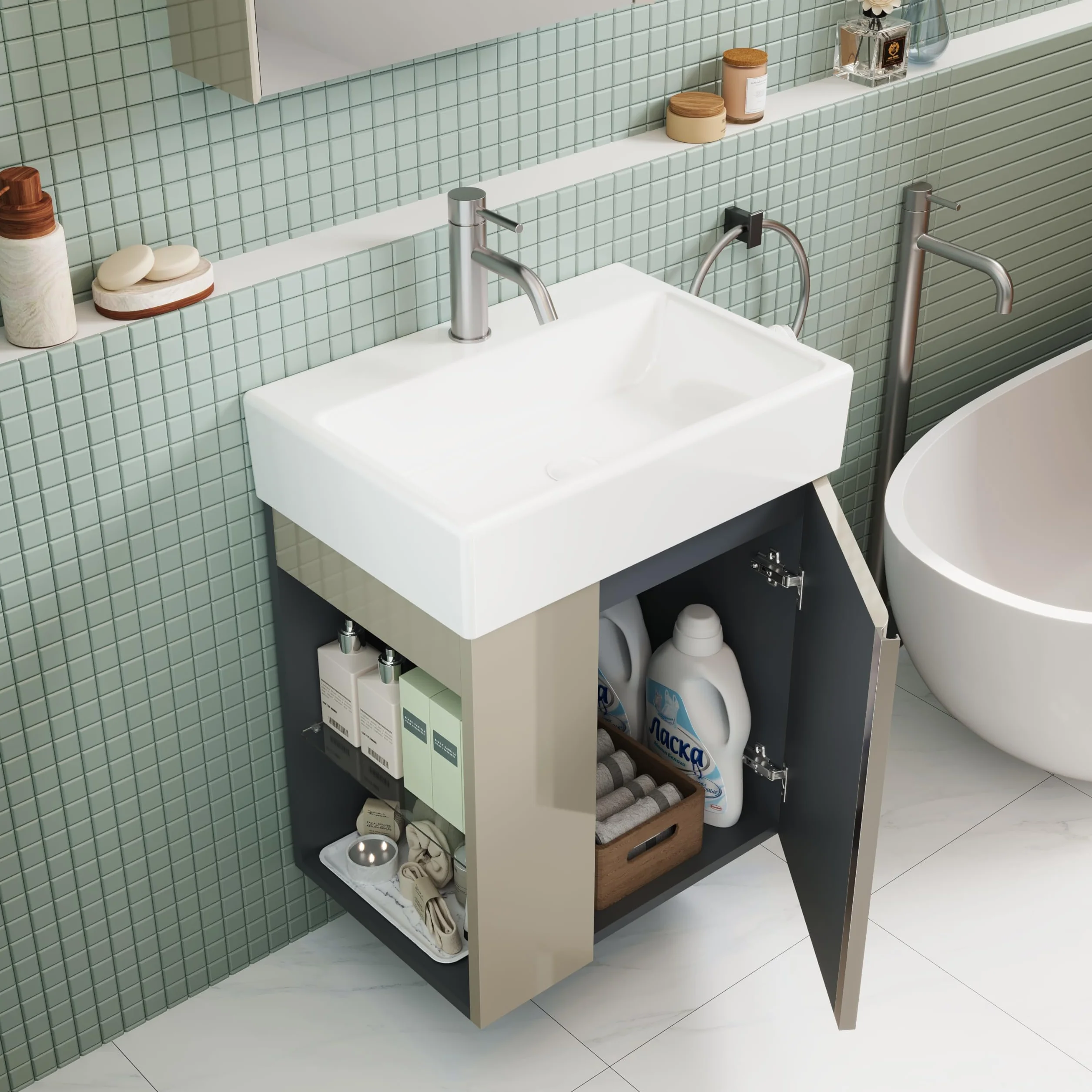 Szafka Łazienkowa 50 cm Z Ceramiczną Umywalką Do Toalety Gościnnej, Kompaktowy Mebel Do Małych Przestrzeni, Połyskujący Taupe