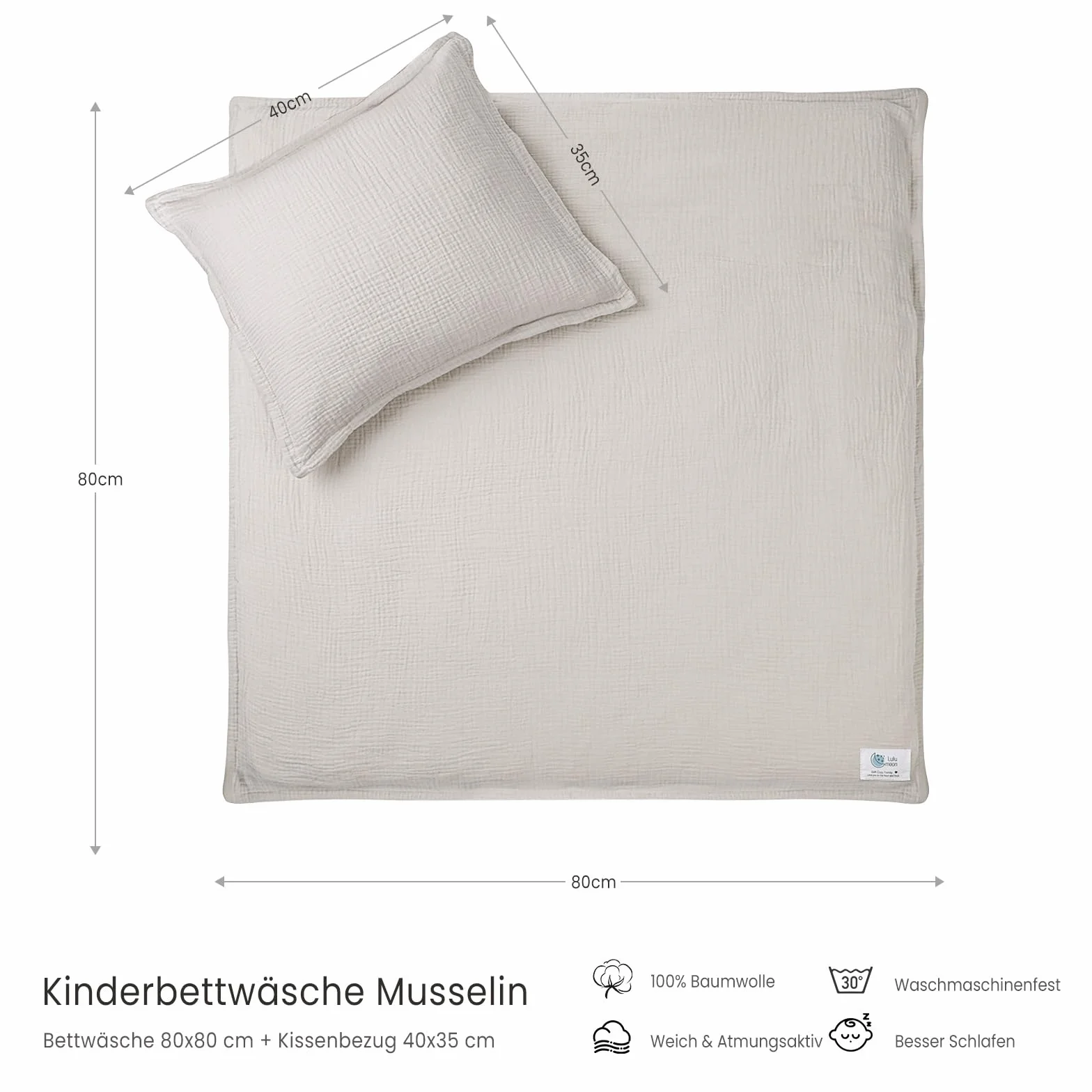 lulumoon Pościel z muślinu dla niemowląt 80x80: poszewka na kołdrę 80x80 + poszewka na poduszkę 35x40cm z bawełny Oeko-TEX Standard – Lekki i komfortowy zestaw pościeli dla niemowląt i dzieci