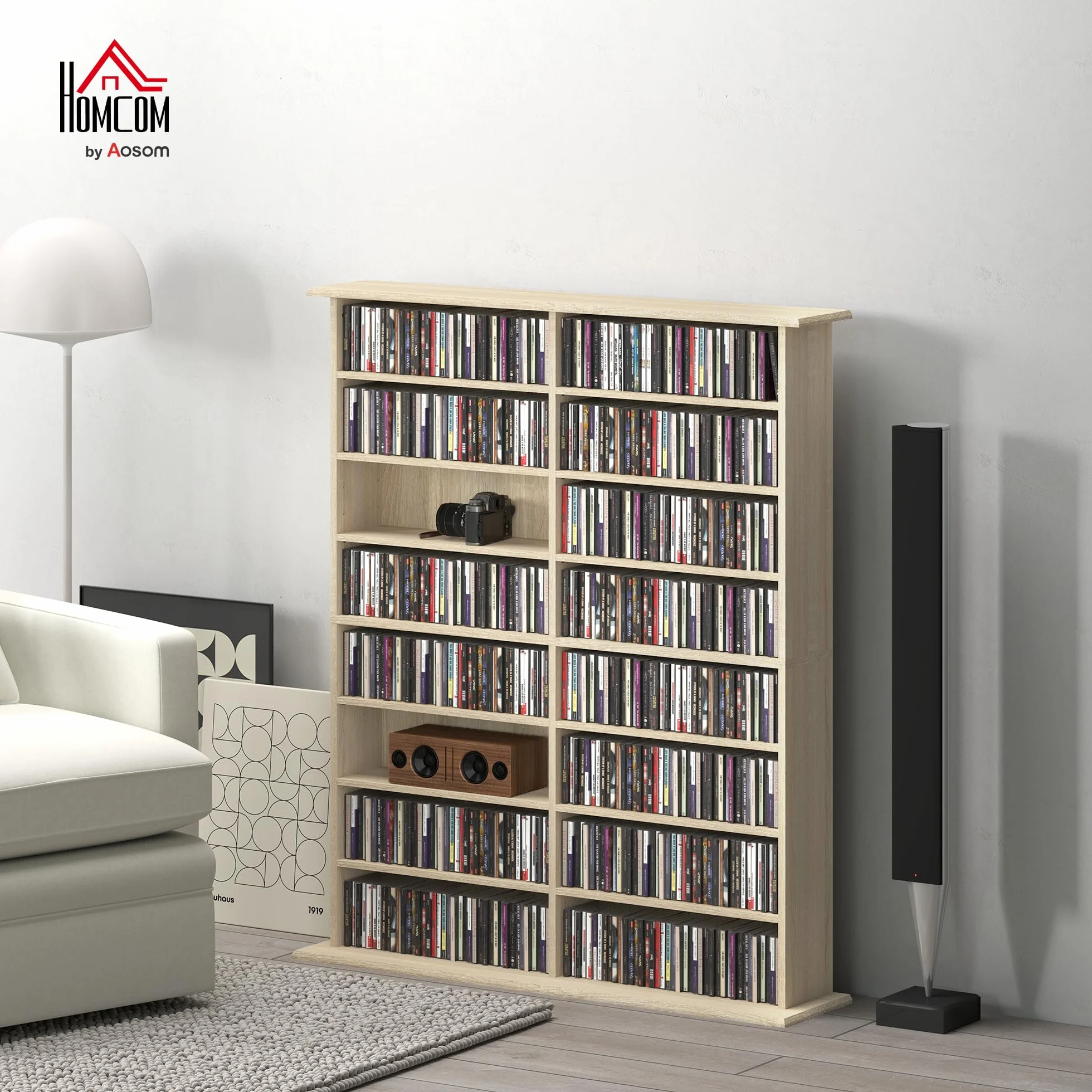 HOMCOM 720 CD/396 DVD, regał do przechowywania multimediów Blu-ray 396 z 16 przegródkami i 12 regulowanymi półkami, wieża CD do salonu, sypialni, biura, wykończenie z naturalnego drewna