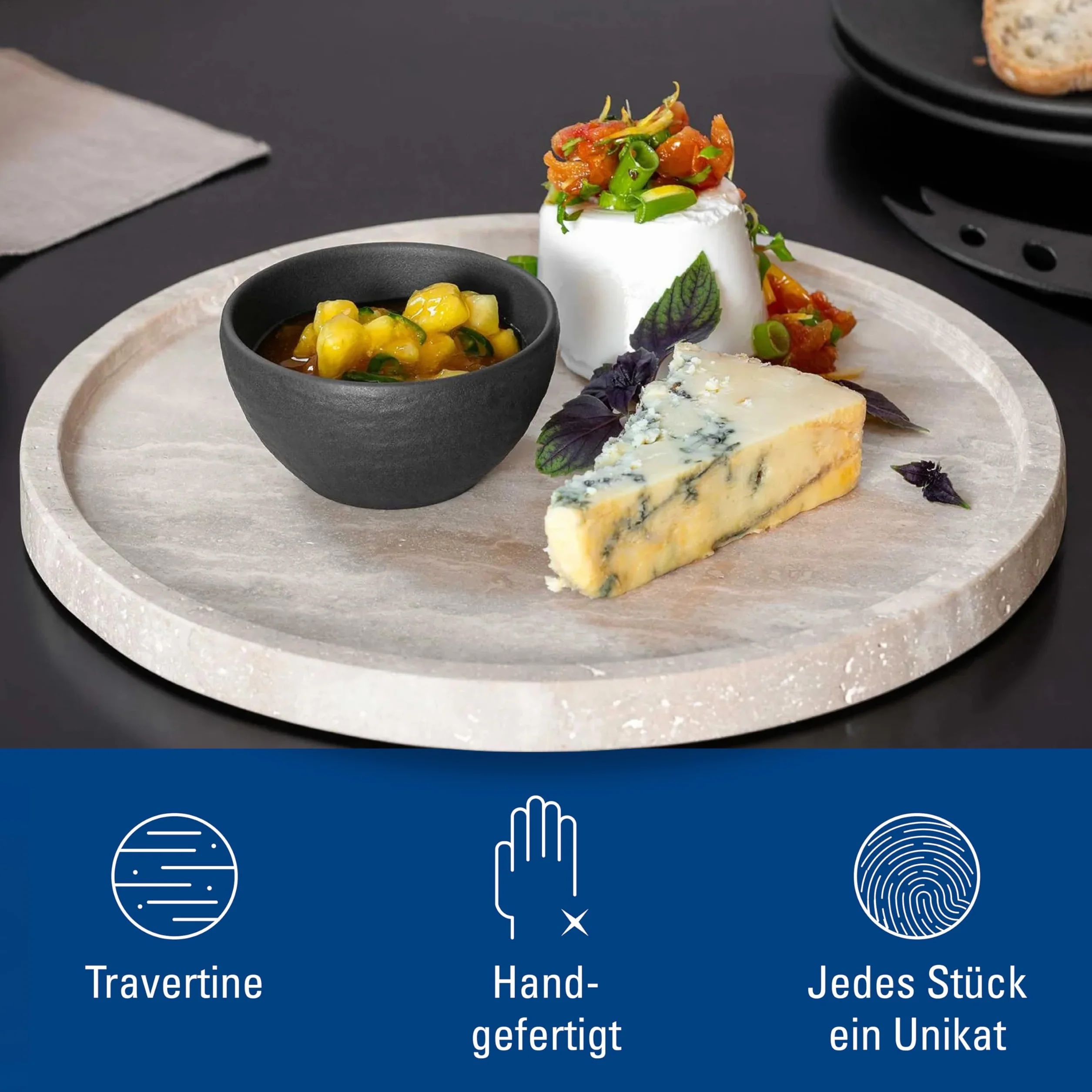 Villeroy & Boch – Manufacture Travertine talerz do serwowania, praca ręczna, elegancki talerz do serwowania z naturalnego kamienia w odcieniach piasku, talerz kamień, naczynia, trawertyn