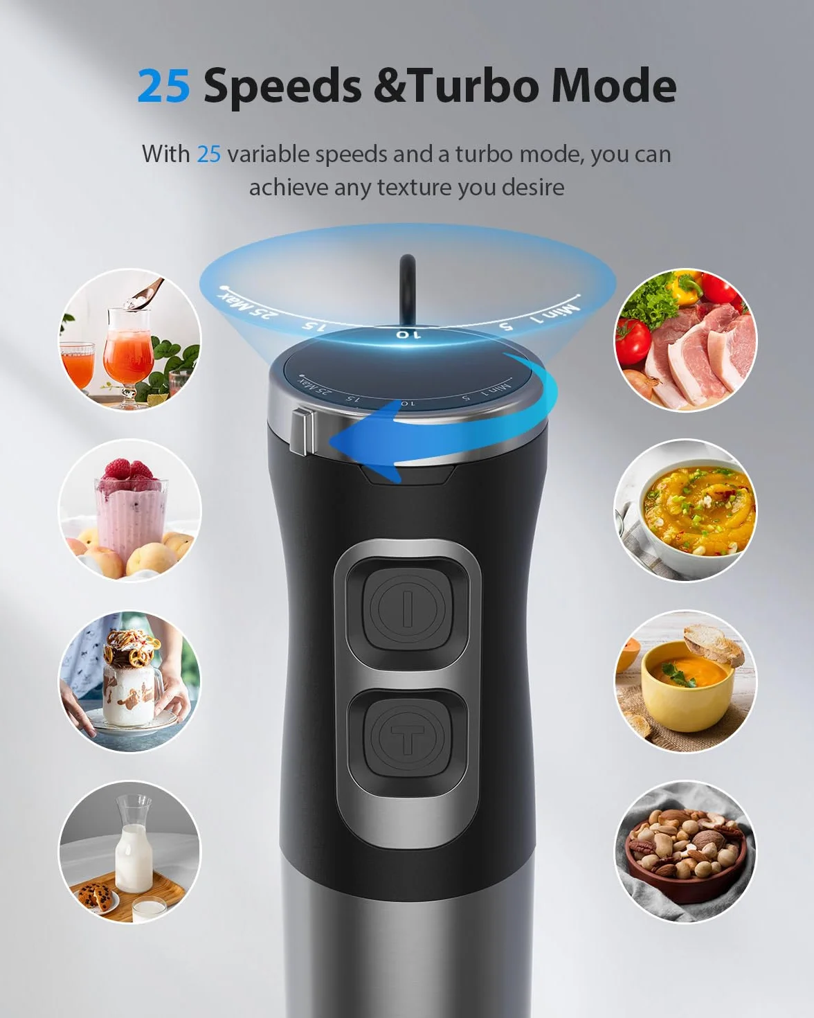 Wydajny blender zanurzeniowy 1000 W, blender ręczny 2025 z 25-biegowym silnikiem bezszczotkowym i wytrzymałym, ręczny mikser 4 w 1 z rozdrabniaczem, trzepaczką, zlewką i