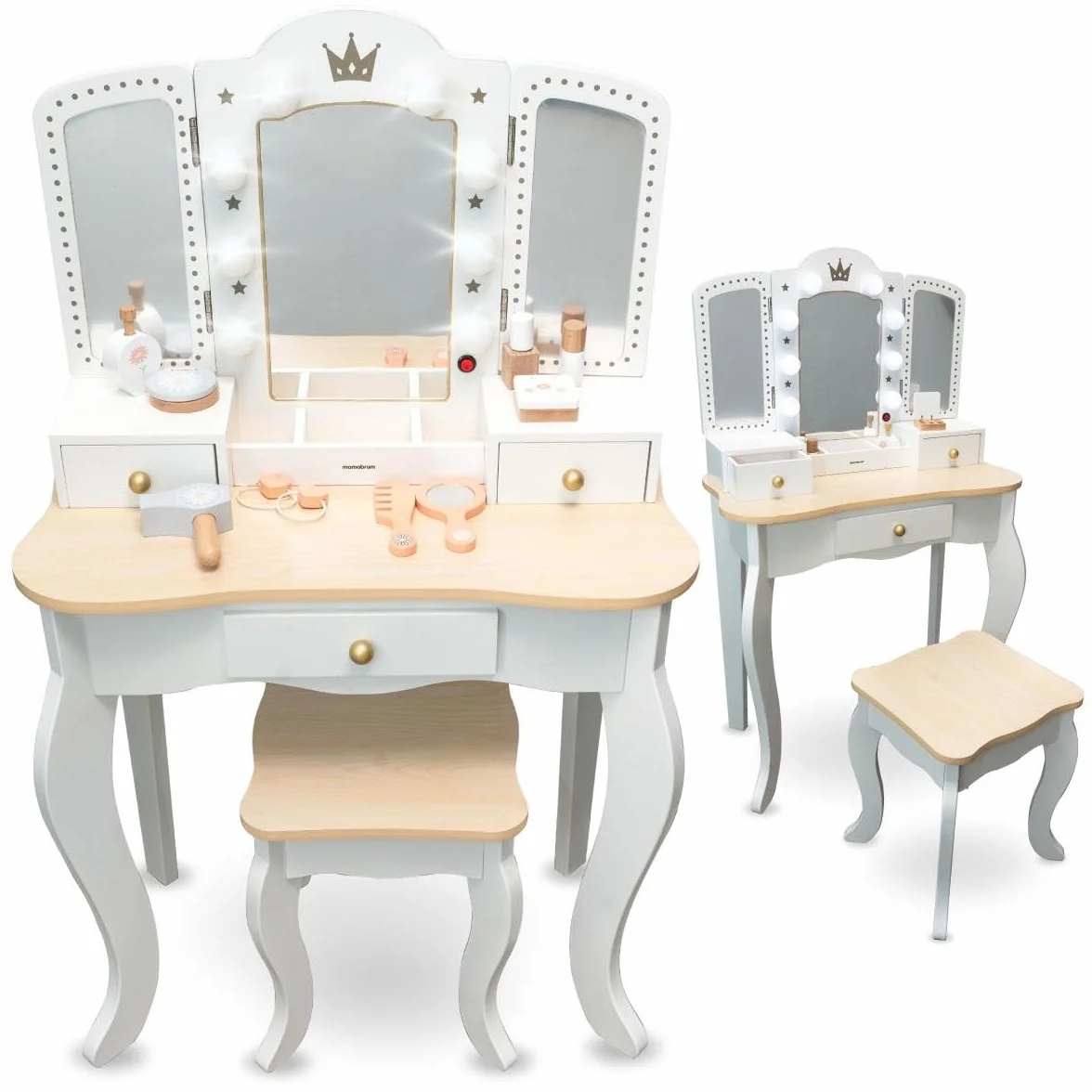 Mamabrum Drewniana Toaletka dla Dzieci 3+, XXL z Taboretem i Oświetleniem LED, 3-Skrzydłowe Lustro, Duża Szuflada, Akcesoria, Odgrywanie Ról Make-up, Solidna Konstrukcja, Zamieniana w Biurko