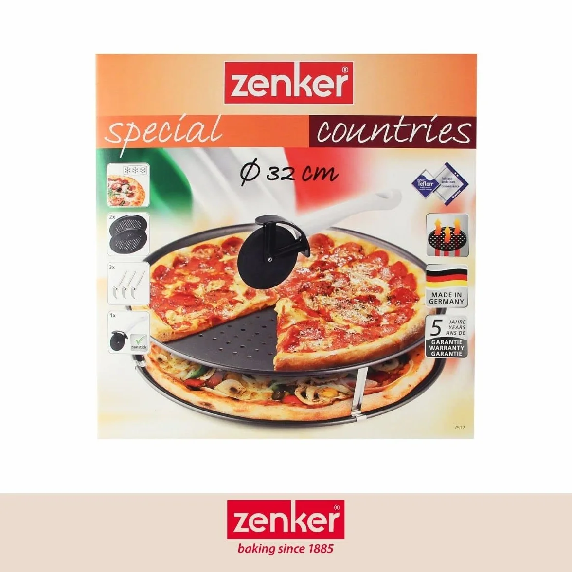 Zenker 7512 3-częściowy zestaw do pizzy, blacha do pizzy, okrągła blacha do pizzy, z otworami (Ø 32 cm), w zestawie nóż do pizzy i uchwyt, do pizzy, tarta, czarny