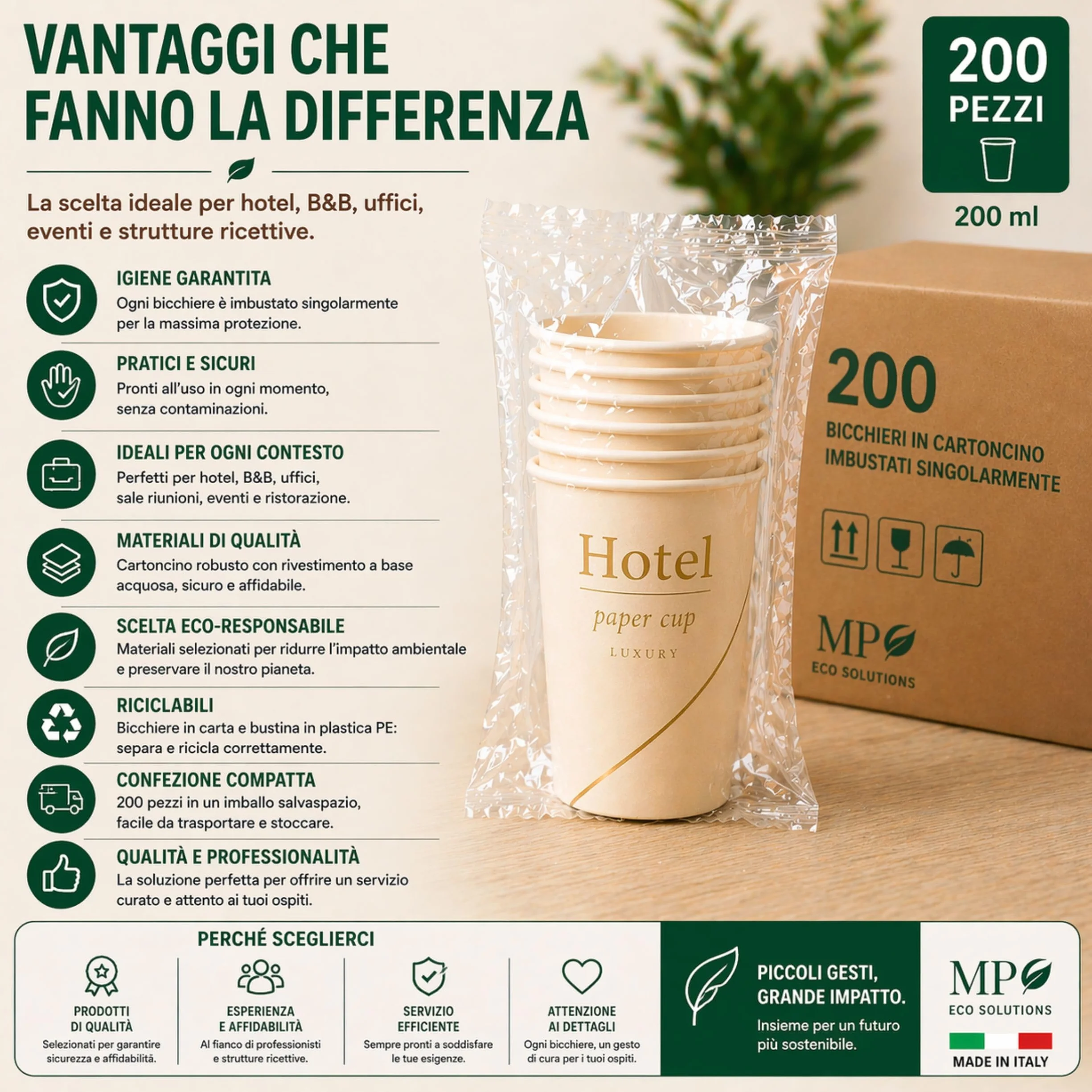Generico Mecup Jednorazowe papierowe kubki pojedynczo pakowane jednorazowe kubki gorące i zimne napoje do hotelu lub b&b (200, HOTEL)