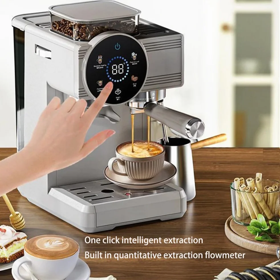Ekspres do kawy 220 V komercyjny z funkcją kontroli temperatury, młynek do kawy ziarnistej 1350 W, 20 poziomów drobnego mielenia, możliwość przygotowania latte