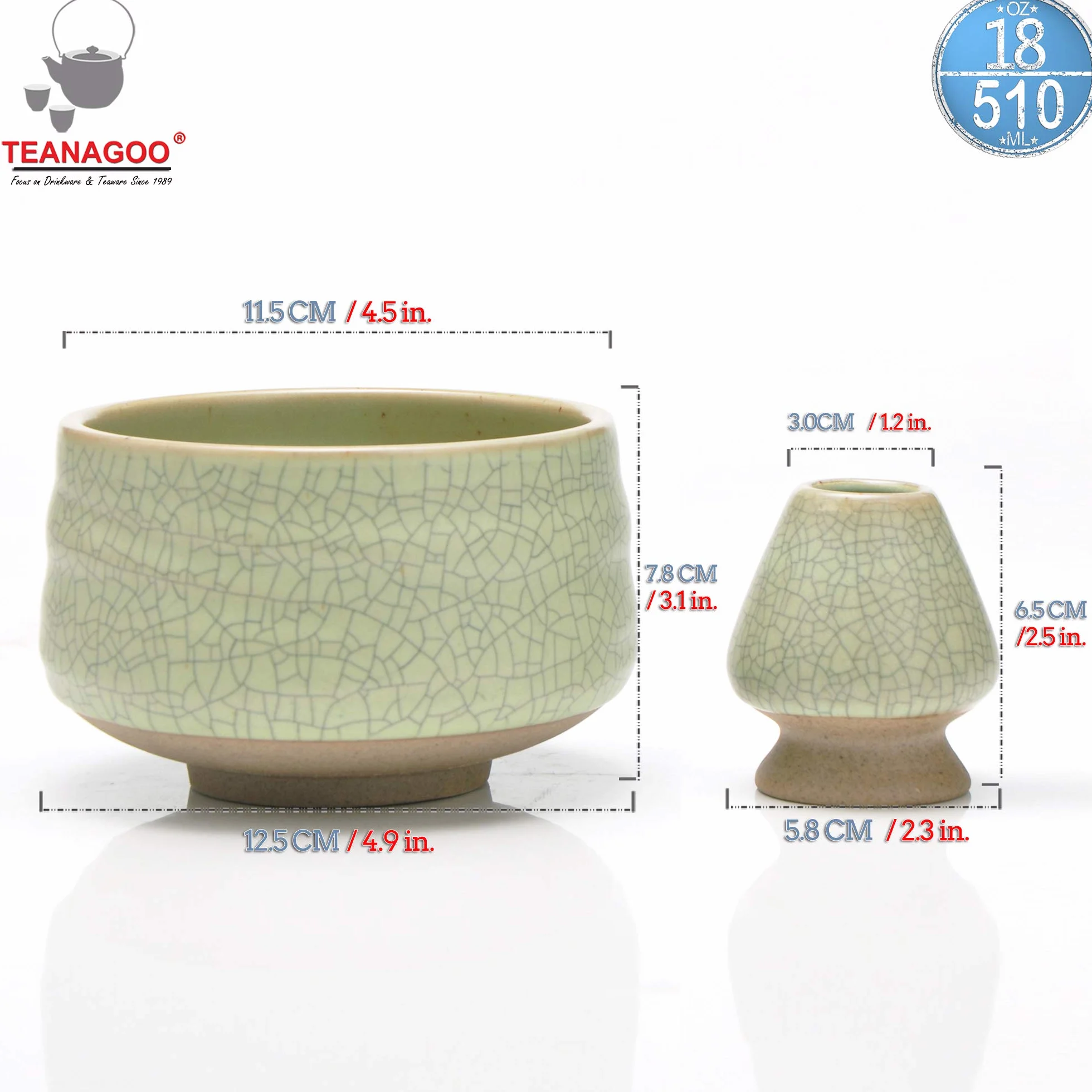 TEANAGOO Chawan Miseczka do herbaty Matcha i podstawka do trzepaczki Matcha, uchwyt Chasen, MB-6, 510 ML, matowy jasnozielony z czarnym szwem, 2 szt./opak.