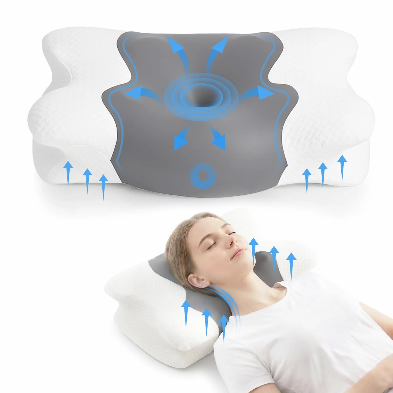 COSYLAND Ergonomiczna poduszka pod kark 2 w 1 z pianki z pamięcią kształtu, ortopedyczna poduszka podpierająca kark dla osób śpiących na plecach, na boku i brzuchu, 60 x 40 x 11/14 cm