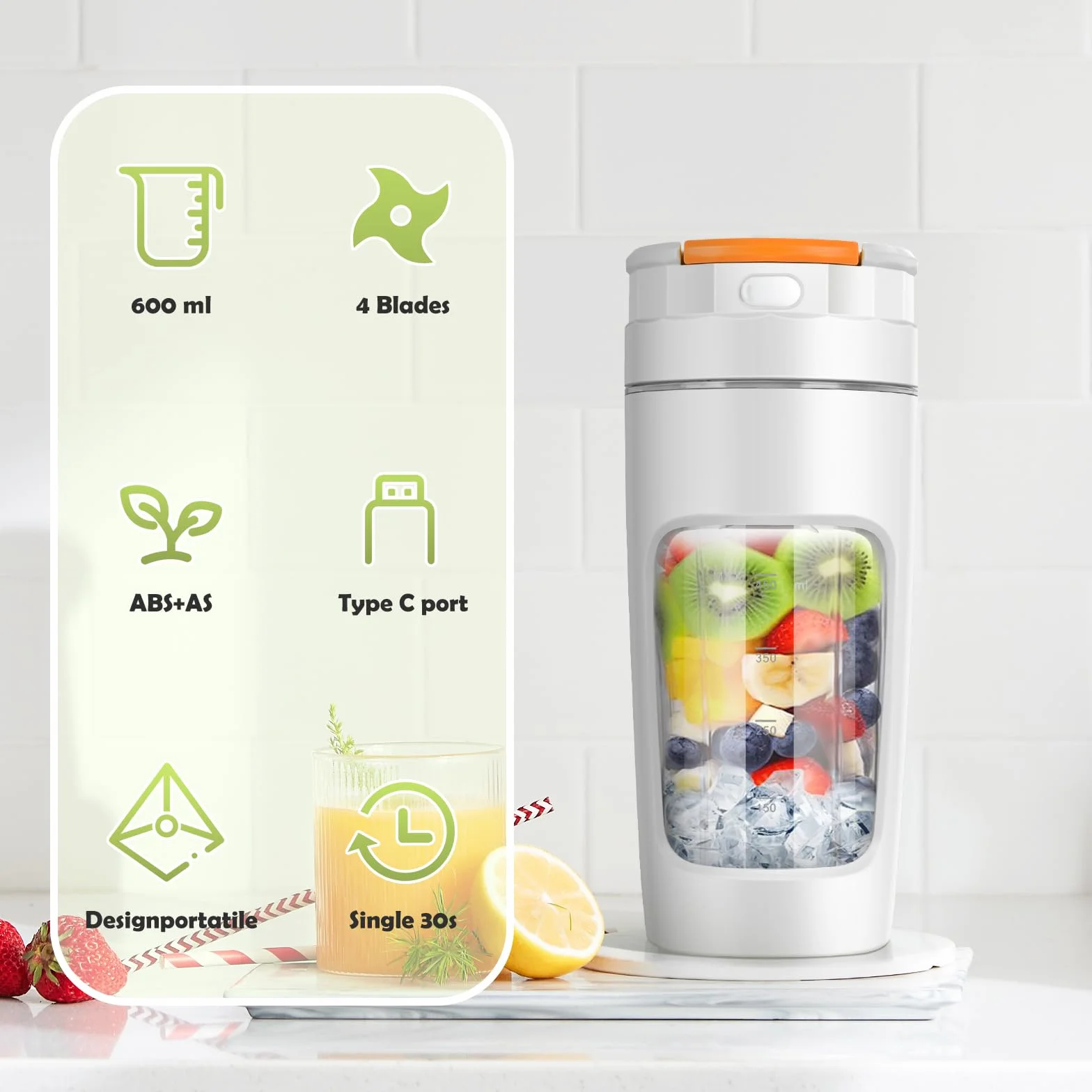 Lekki Przenośny Blender, ręczny mikser do owoców o pojemności 600 ml, mocny bezprzewodowy mini blender, z możliwością ładowania, smoothie, koktajle białkowe, kruszy lód i mrożone owoce (Biały)