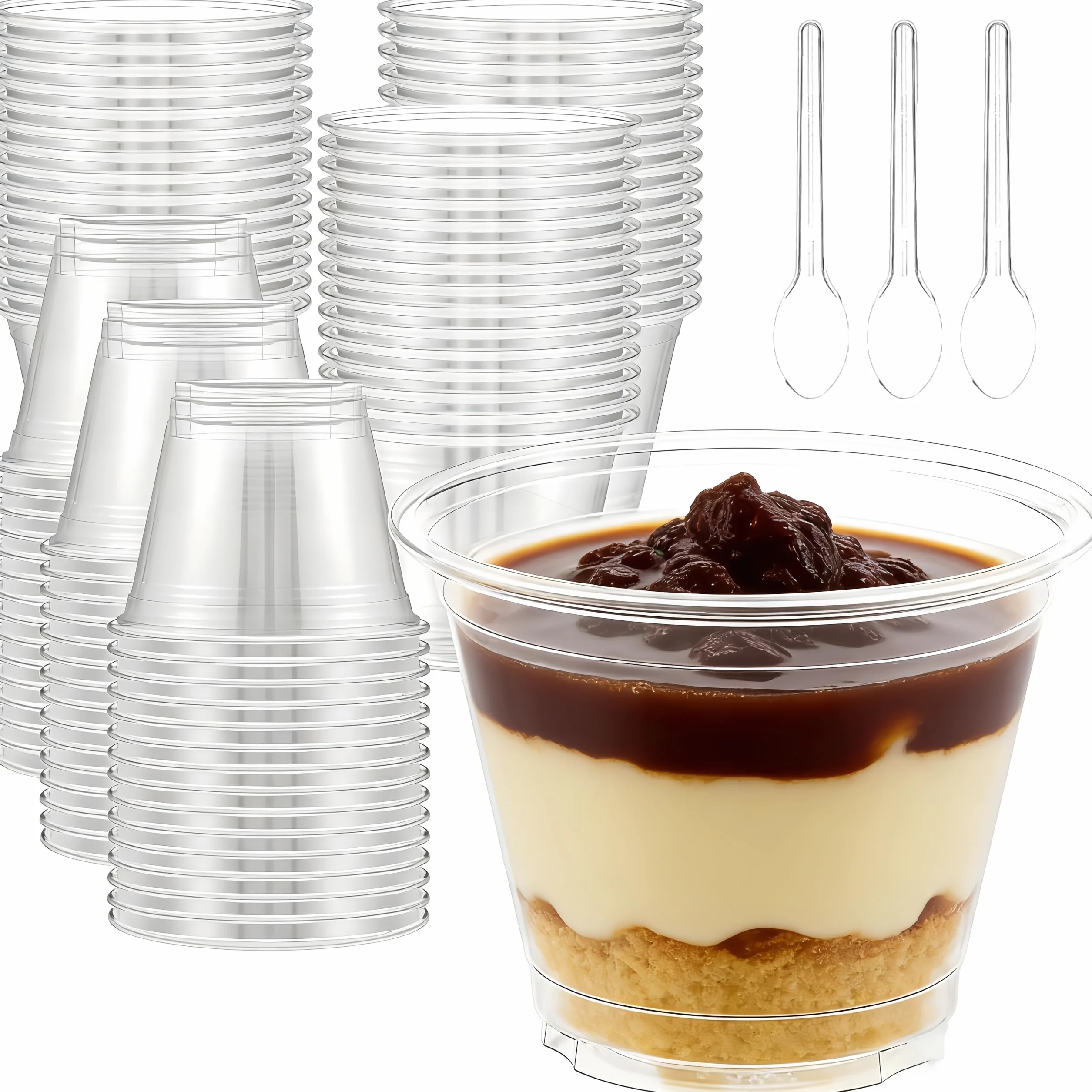 Plastikowe słoiki deserowe, 50 sztuk, 150 ml, wielokrotnego użytku, 50 sztuk, łyżki, plastikowe kubki deserowe, kubki do picia
