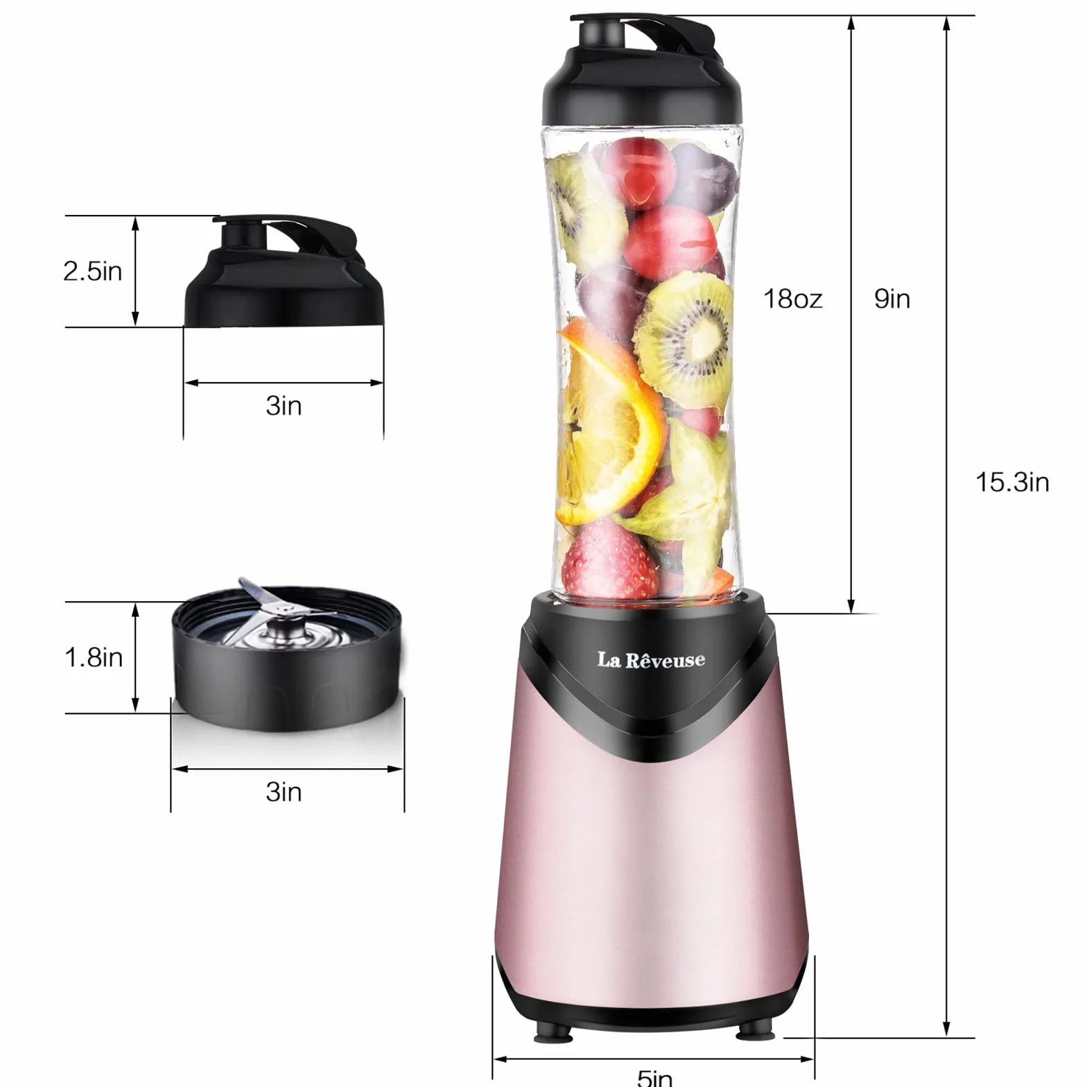 La Rêveuse Mix&Go mikser stojący do smoothie mikser elektryczny 300 W, osobisty rozmiar, 2 przenośne butelki sportowe bez BPA (550 ml), różowy