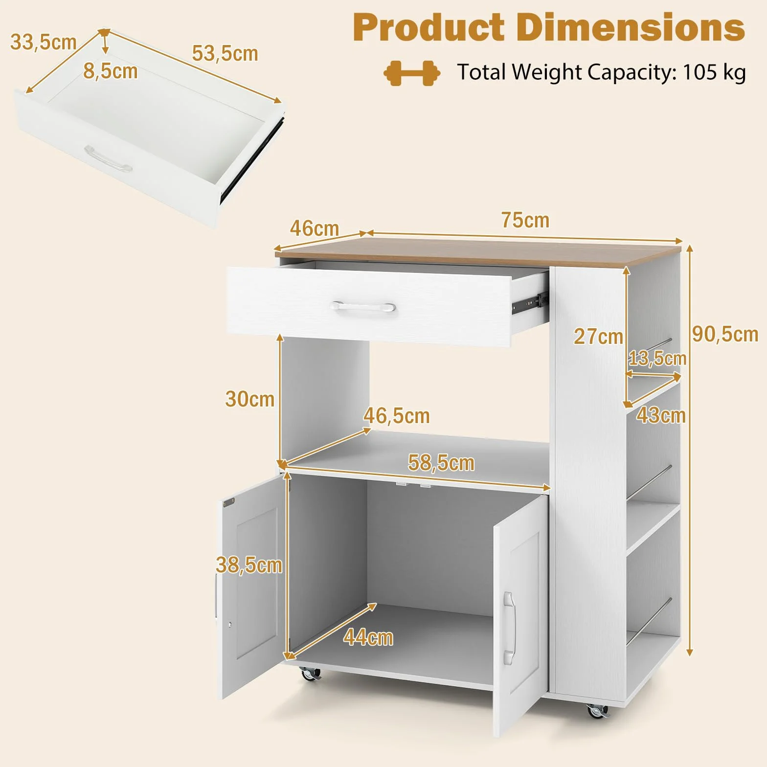 GIANTEX NF88624 Wózek kuchenny na kółkach z blatem roboczym, szufladą i 3 półkami, biały