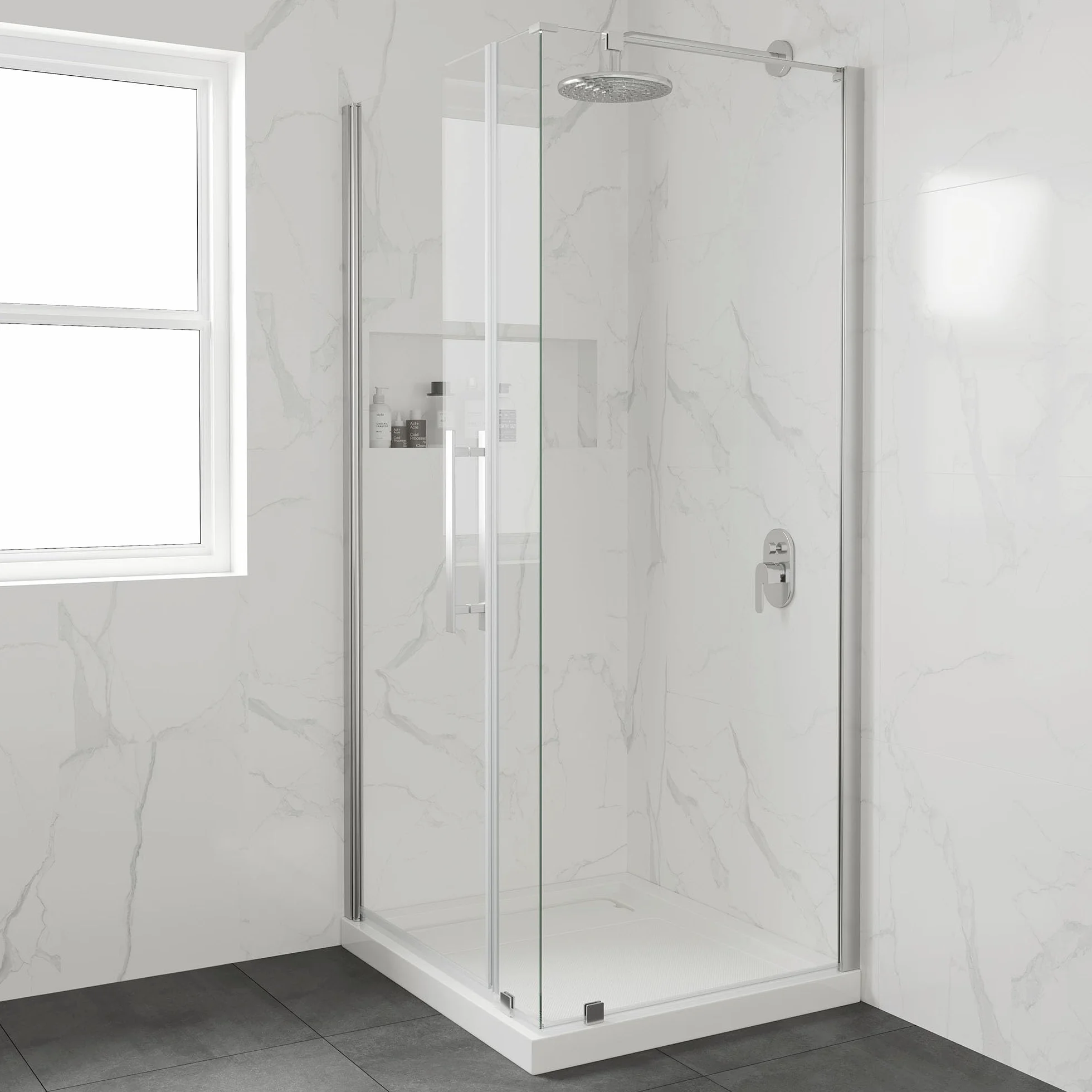 OVE Decors 81 cm szer. x 91 cm gł. podstawa prysznicowa prostokątna, ukryty odpływ boczny, biały akryl, odwracalna konstrukcja