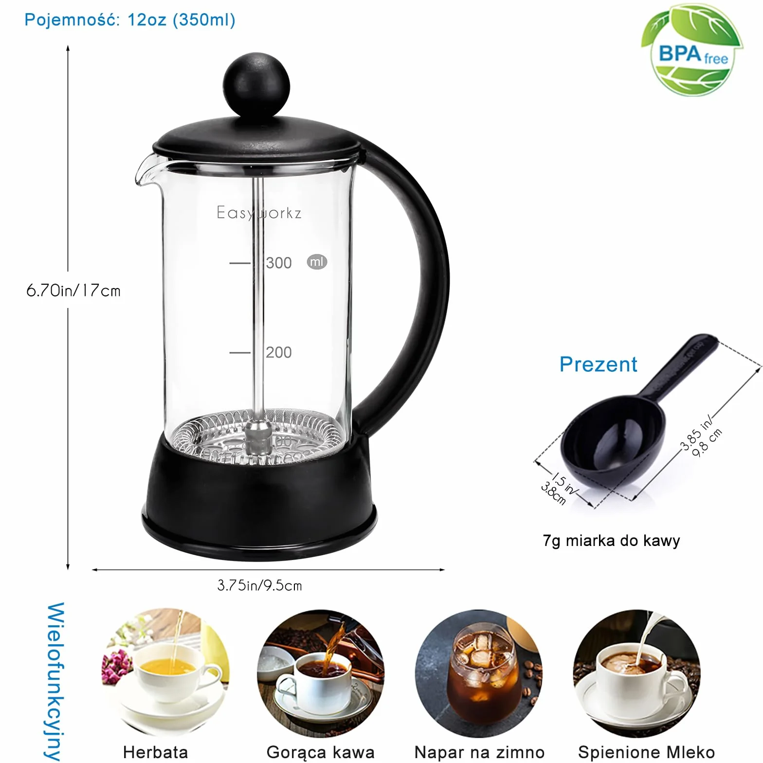 Easyworkz Eclipse Ekspres do kawy Francuska prasa o pojemności 350 ml ze szkłem borokrzemianowym