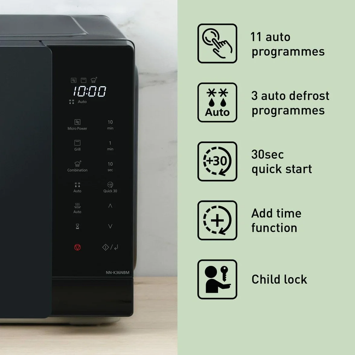 Panasonic NN-K36NBMEPG, kuchenka mikrofalowa grill, 24 litry, moc 900W, 8 programów automatycznych, gotowanie kombinowane, funkcja szybkiego 30, czarny
