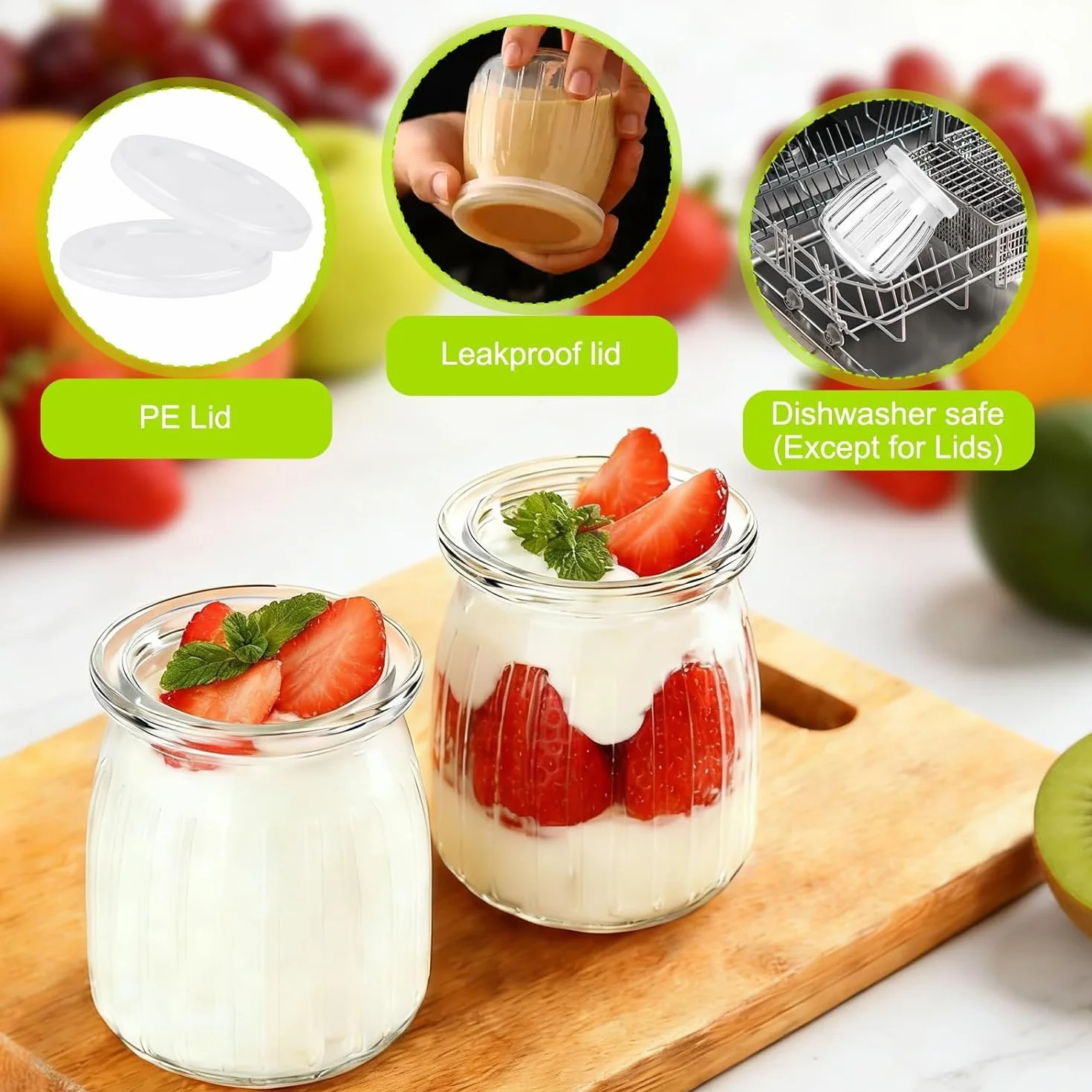 200 ml Przezroczyste słoiczki na jogurt z pokrywką, 12 sztuk, wielofunkcyjne szklane pojemniki na deser do dżemu, miodu, deserów, musli, świec, wielokrotnego użytku
