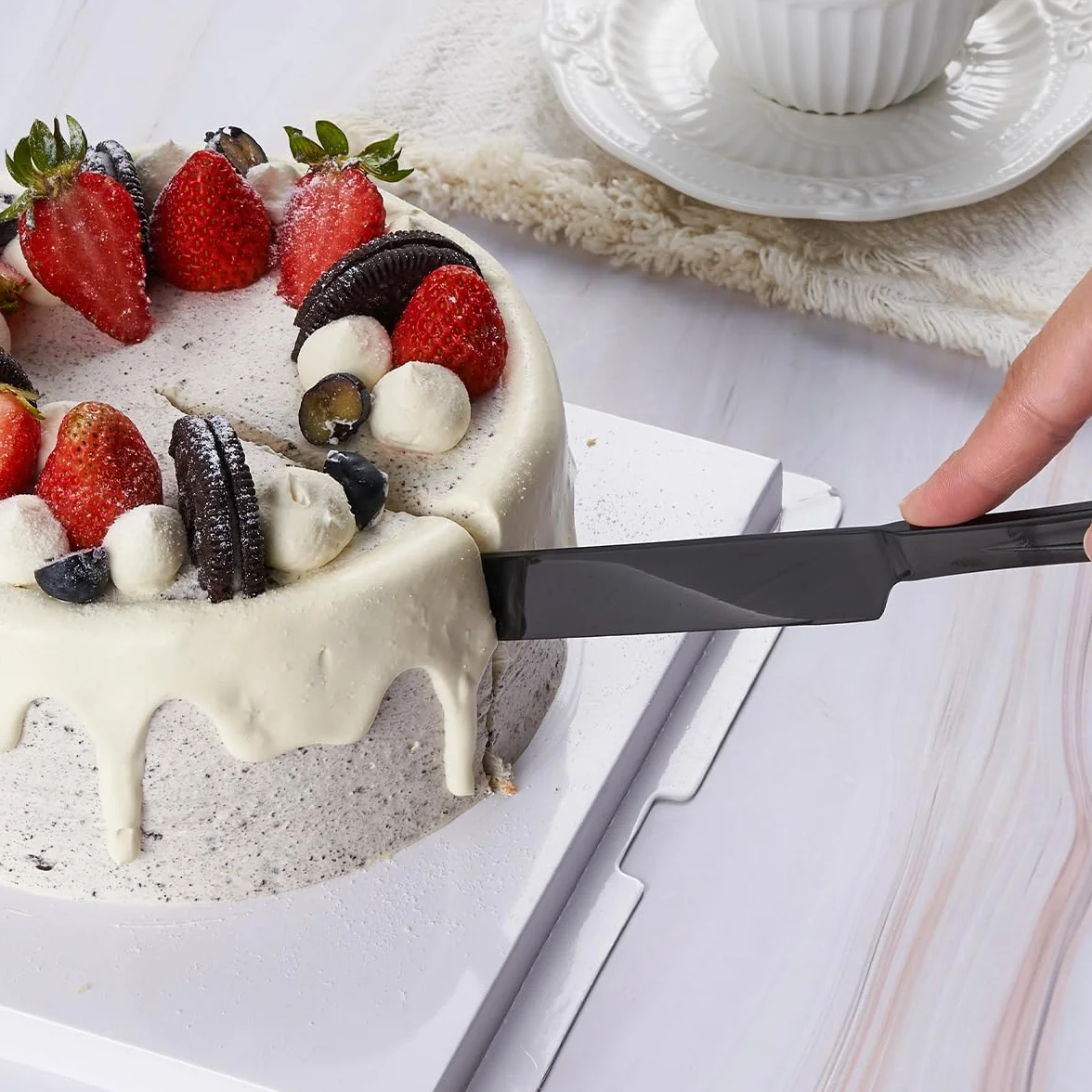 GoGeiLi Czarny zestaw sztućców do ciasta, nóż do ciasta ze stali nierdzewnej 33 cm, nóż do ciasta i łopatka do tortów, nóż do ciasta, na wesele, urodziny, imprezy, jubileusz