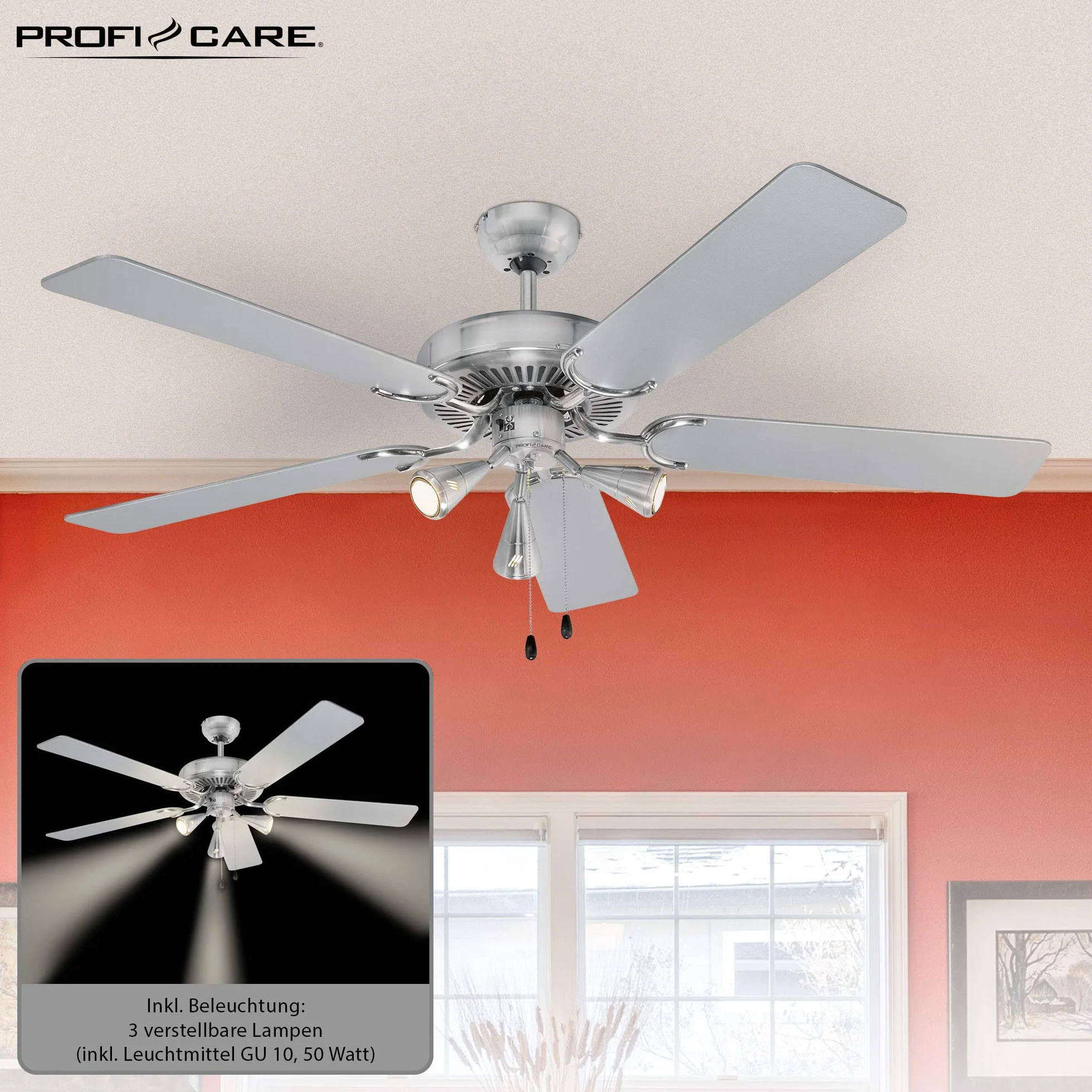 ProfiCare Wentylator Sufitowy PC-DVL 3078 5-Skrzydłowy 132 cm 60 W Stal
