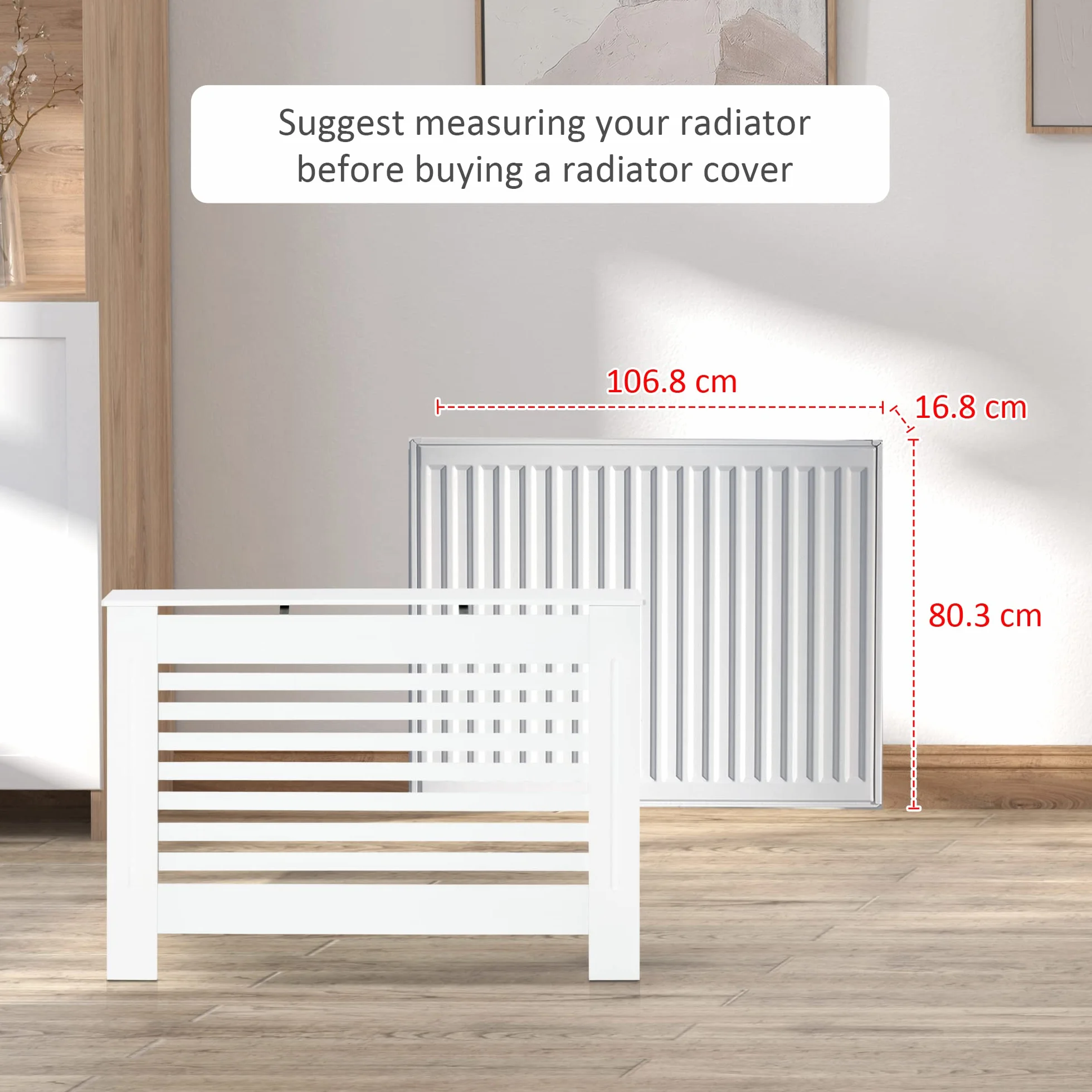 homcom MDF Pokrywa grzejnika drewniana szafka półka dom biuro pionowy stelaż wentylowany biały 112 L x 19 szer. x 81 H, drewno, cm