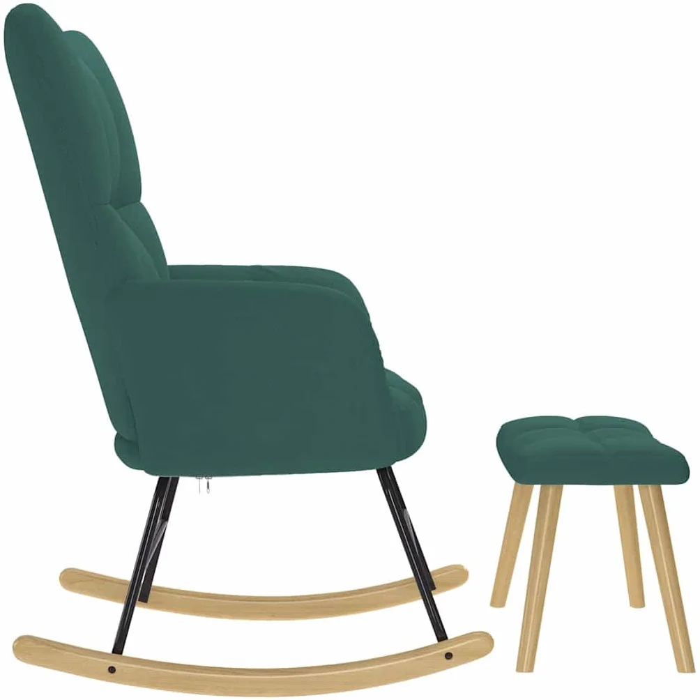 Fotel bujany z podnóżkiem, ciemnozielony materiał, tapicerowany podłokietnikiem i oparciem, ergonomiczny, drewniana rama, do salonu, na balkon, do pokoju dziecięcego, relaksu, czytania