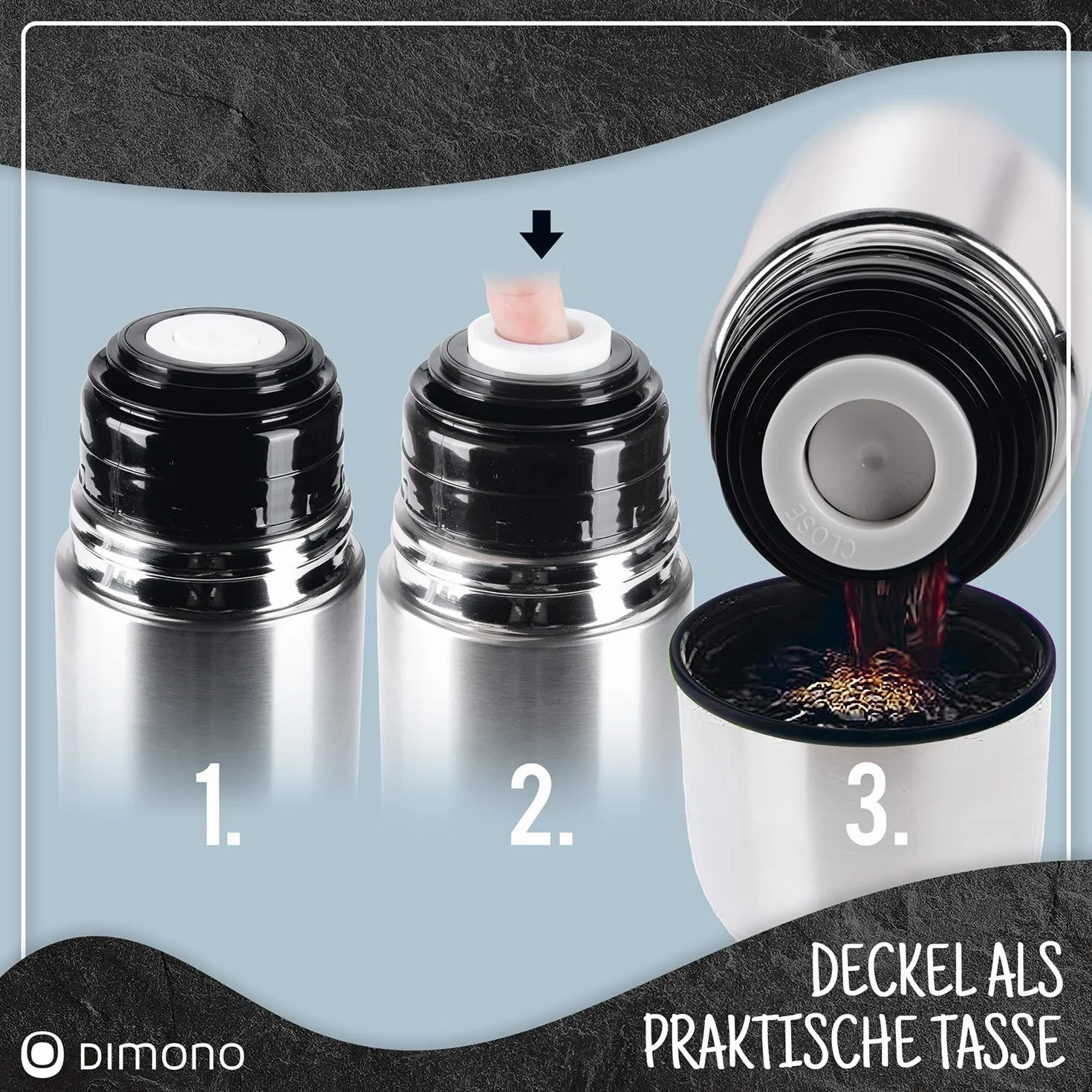DIMONO® Termos Próżniowy ze Stali Nierdzewnej 500 ml z Kubkiem | Szczelny dzbanek termiczny bez BPA - mycie w zmywarce - zestaw z kubkiem i szczoteczką, 500 ml / 1000 ml