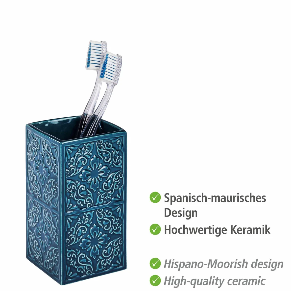 WENKO kubek Cordoba niebieski uchwyt na szczoteczkę do zębów i pastę do zębów, ceramiczny, 6,5 x 6,5 x 12 cm