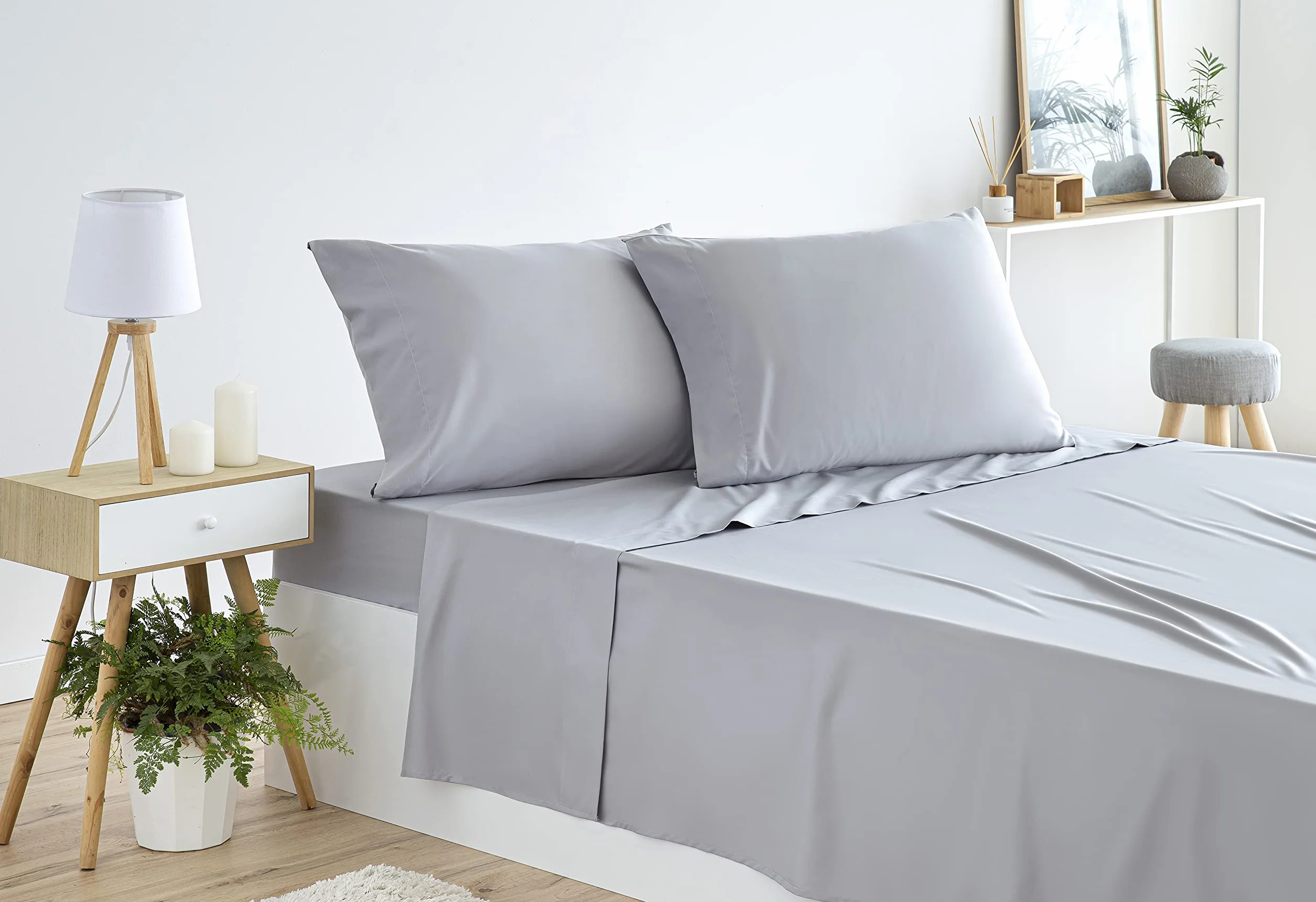 Todocama 4-częściowy zestaw pościeli prześcieradło z gumką poszewki 50x80cm łóżko 150x190/200 cm jasnoszary