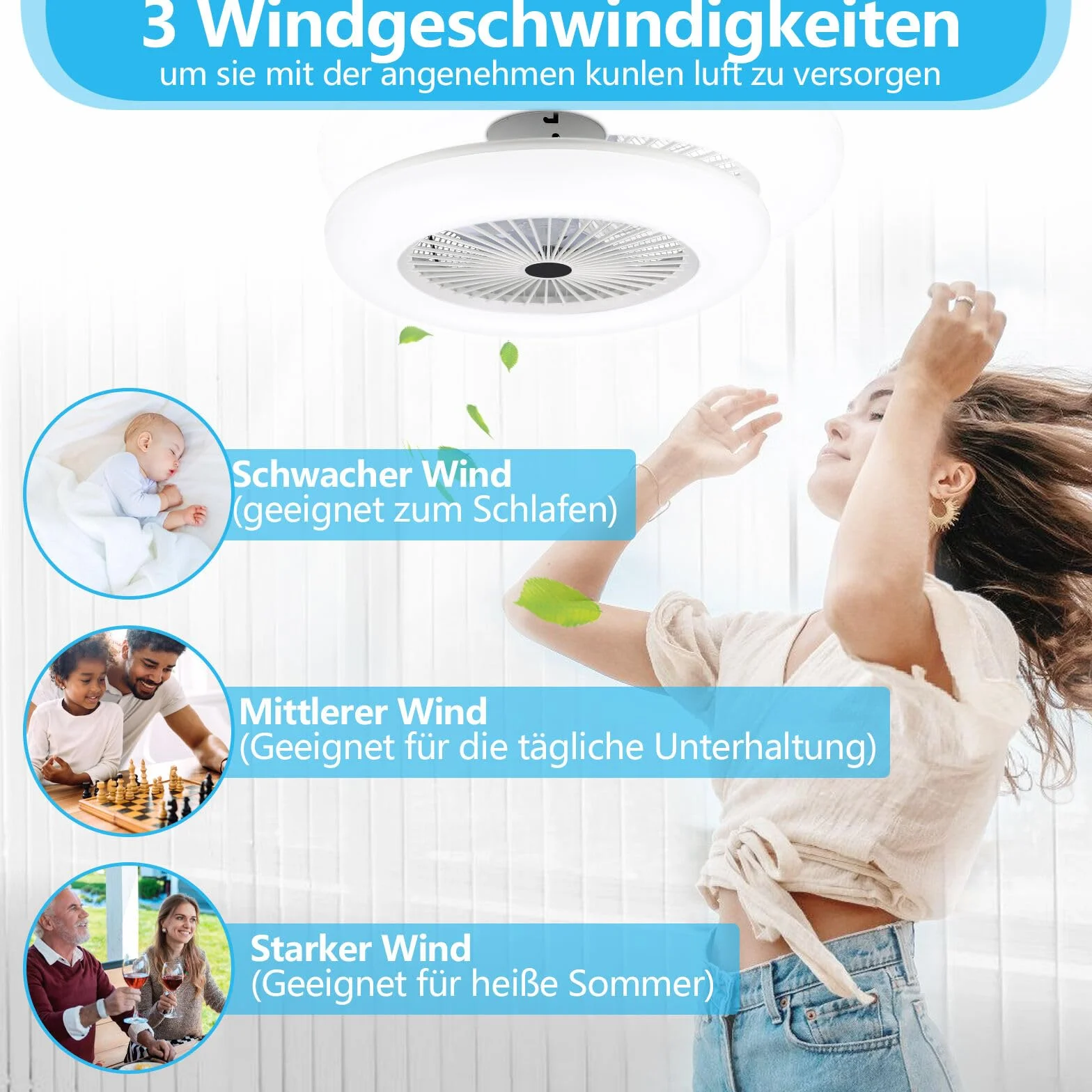 Wentylator sufitowy z oświetleniem, cichy, średnica 55 cm, lampa sufitowa z wentylatorem, możliwość ściemniania, aplikacja i pilot zdalnego sterowania, 6-biegowy, timer, do sypialni, salonu