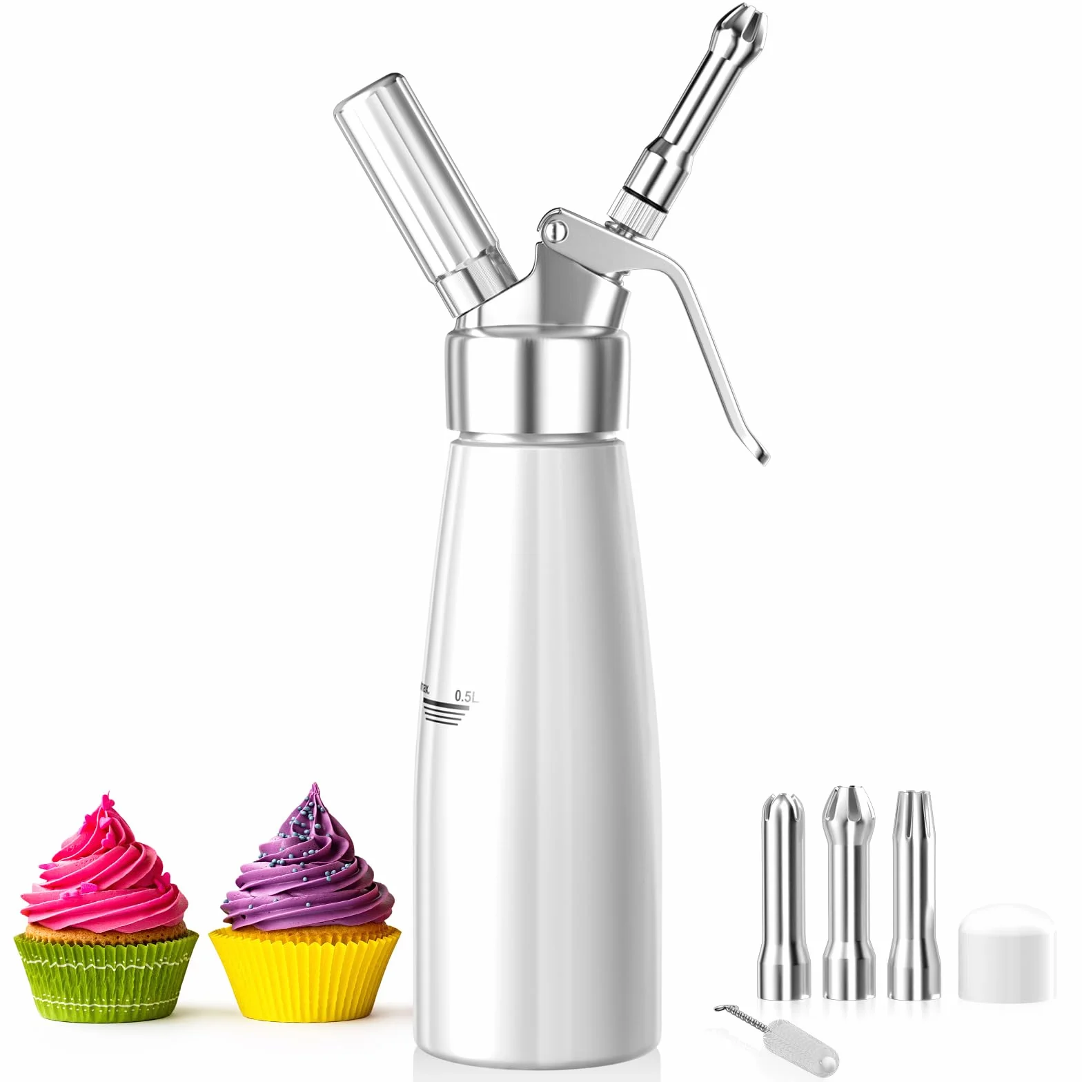 Newaner Syfon do bitej śmietany 500 ml, z aluminium, z 3 końcówkami ze stali nierdzewnej, 1 szczotka do czyszczenia, do dekoracji tortów urodzinowych, ciast, lodów i deserów