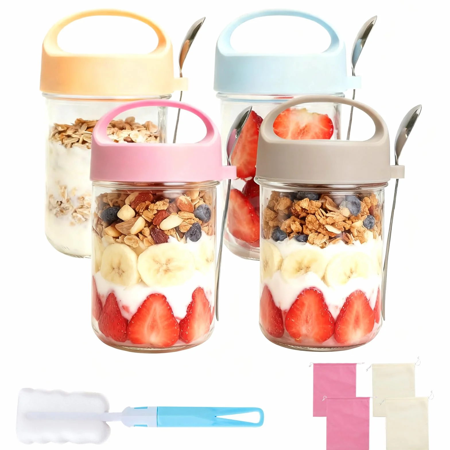 4 sztuki szklane słoiki na overnight oats z pokrywką i łyżeczką, wielokrotnego użytku, słoiki na musli na wynos, 14 uncji/410 ml, słoiki na owsiankę, jogurt, domowe musli, płatki owsiane