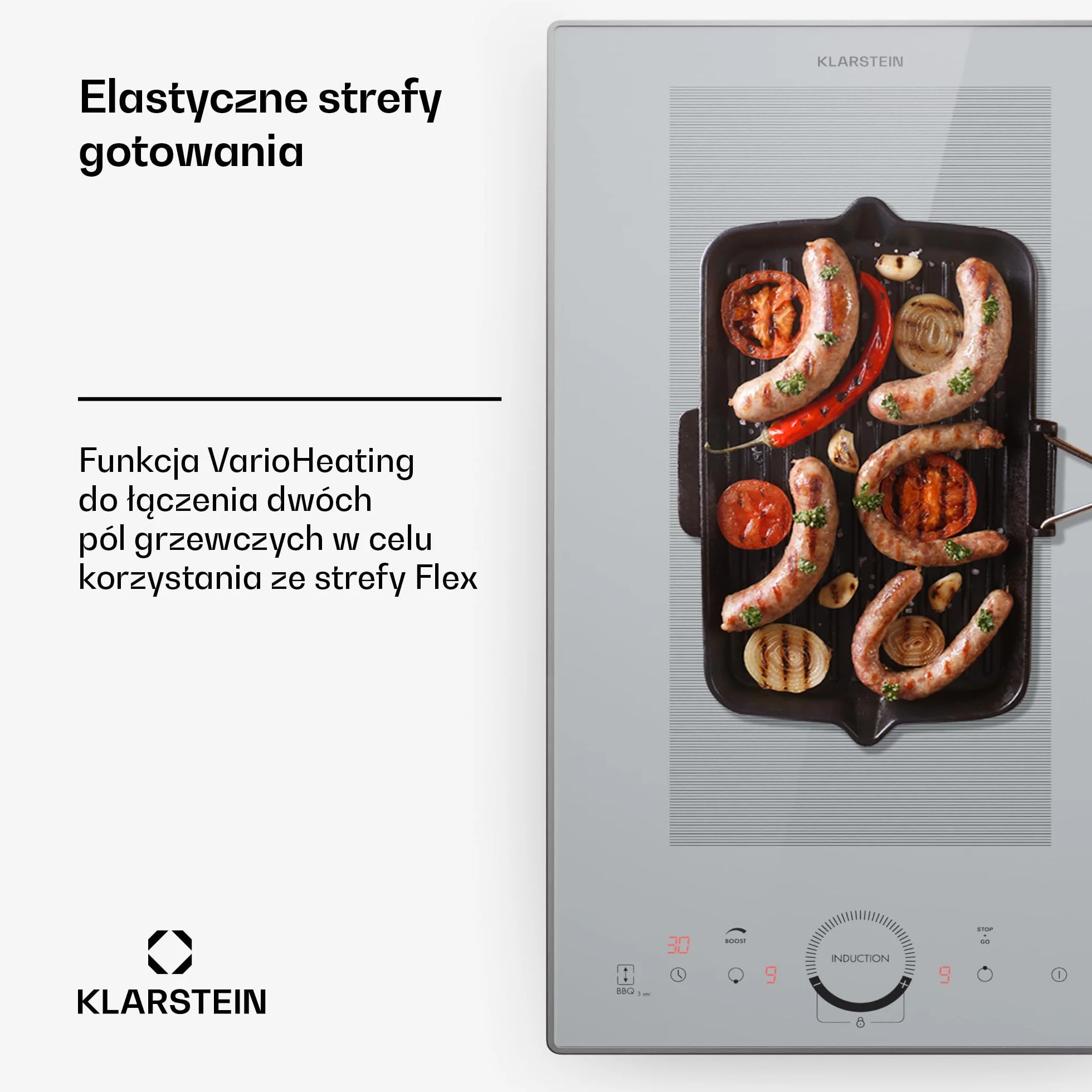Klarstein Delicatessa 30 Flex płyta indukcyjna - 30cm, 2-strefowa płyta do zabudowy, 3500W ThermoBoost, sterowanie dotykowe, timer i blokada rodzicielska, białe szkło ceramiczne