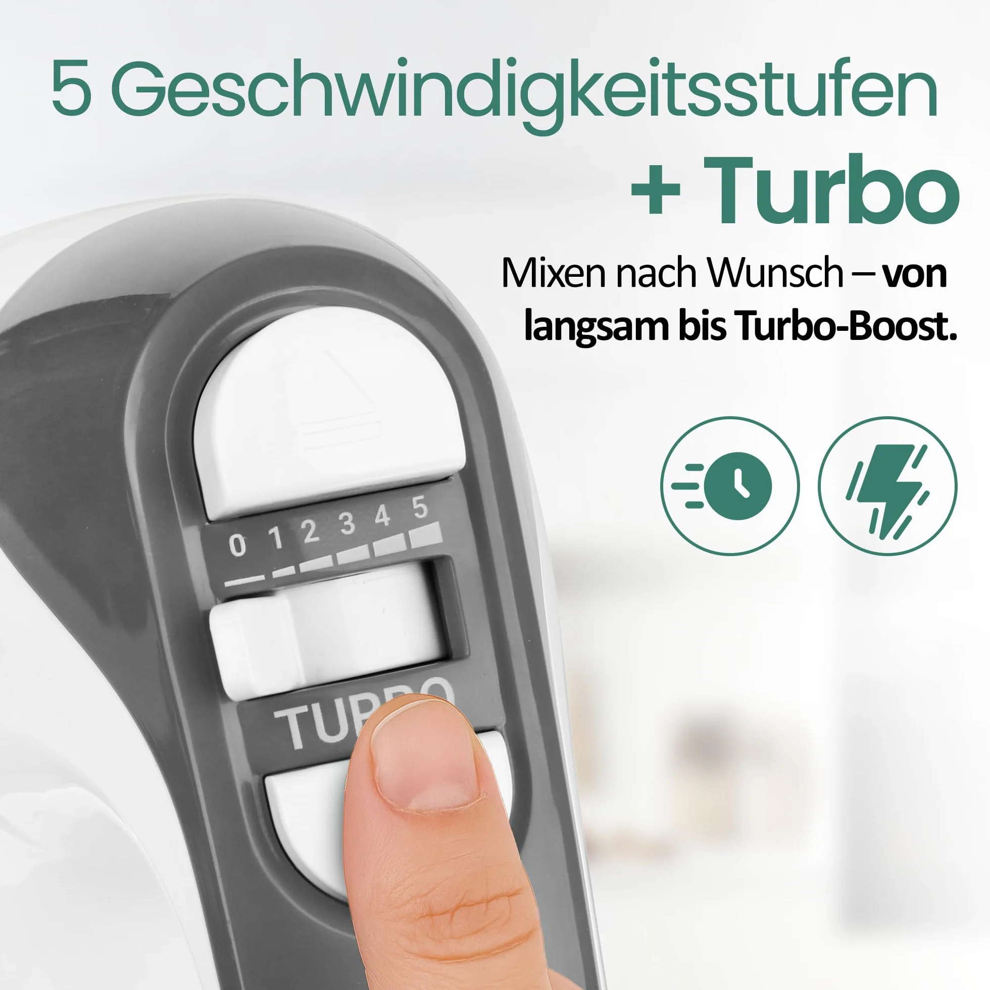 EMERIO Elektryczny mikser ręczny, mikser ręczny, 400 W, 5 prędkości i przycisk turbo, bardzo długa trzepaczka + hak do zagniatania ze stali nierdzewnej (nadaje się do mycia w zmywarkach), nie zawiera
