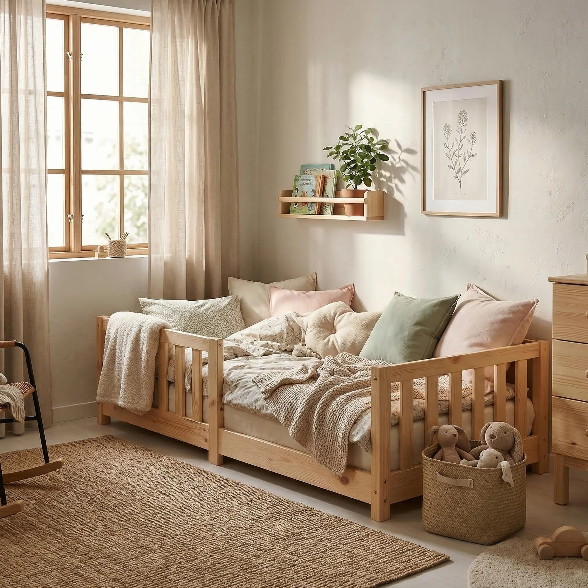 ecomi® Łóżko dziecięce 90 x 200 cm, z zabezpieczeniem przed wypadnięciem, łóżko podłogowe, łóżko dziecięce ze stelażem, dla dziewczynek i chłopców, lite drewno sosnowe, kolor naturalny