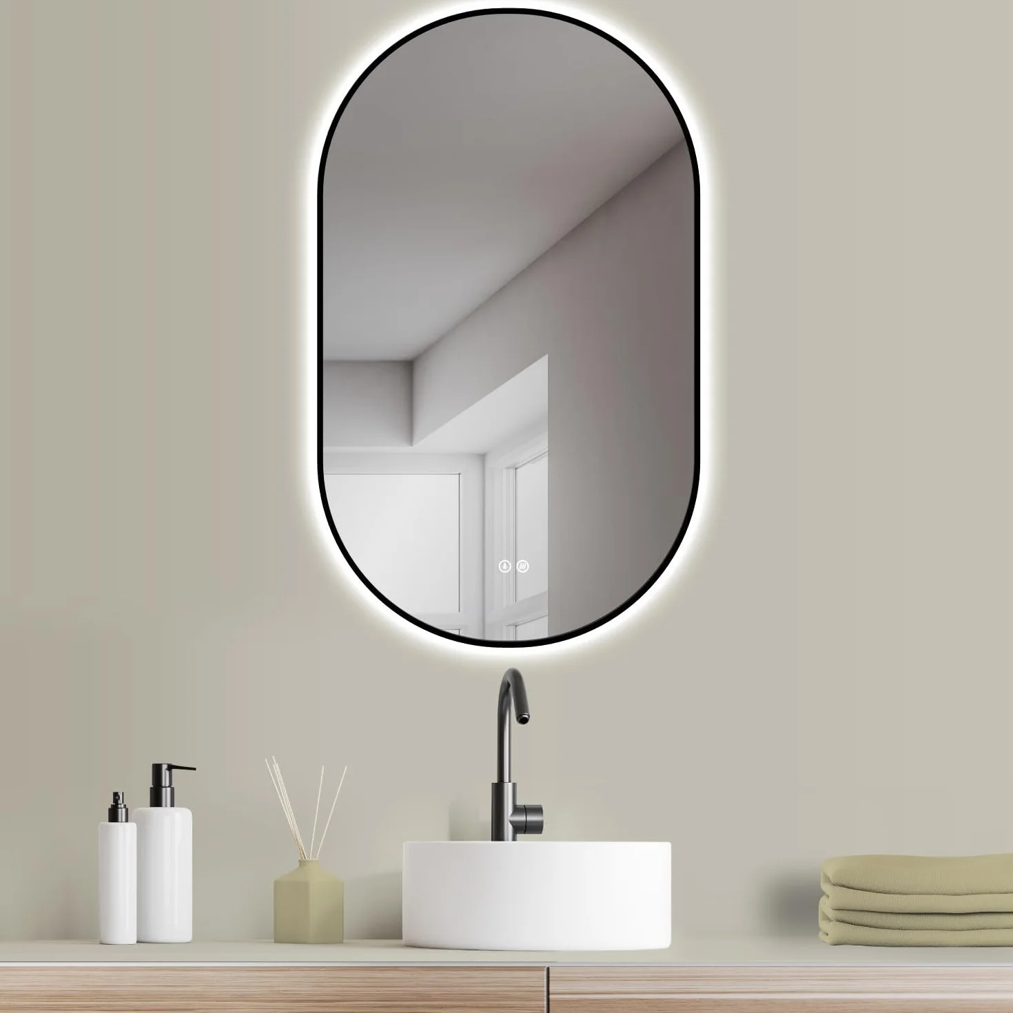 HOKO Designerskie lustro LED przeciwmgielne owalne 60 x 100 cm / 100 x 60 cm Florencja + metalowa rama czarna. Montaż pionowy + poziomy. Lustro łazienkowe duże + 2 przełączniki dotykowe + światło LED
