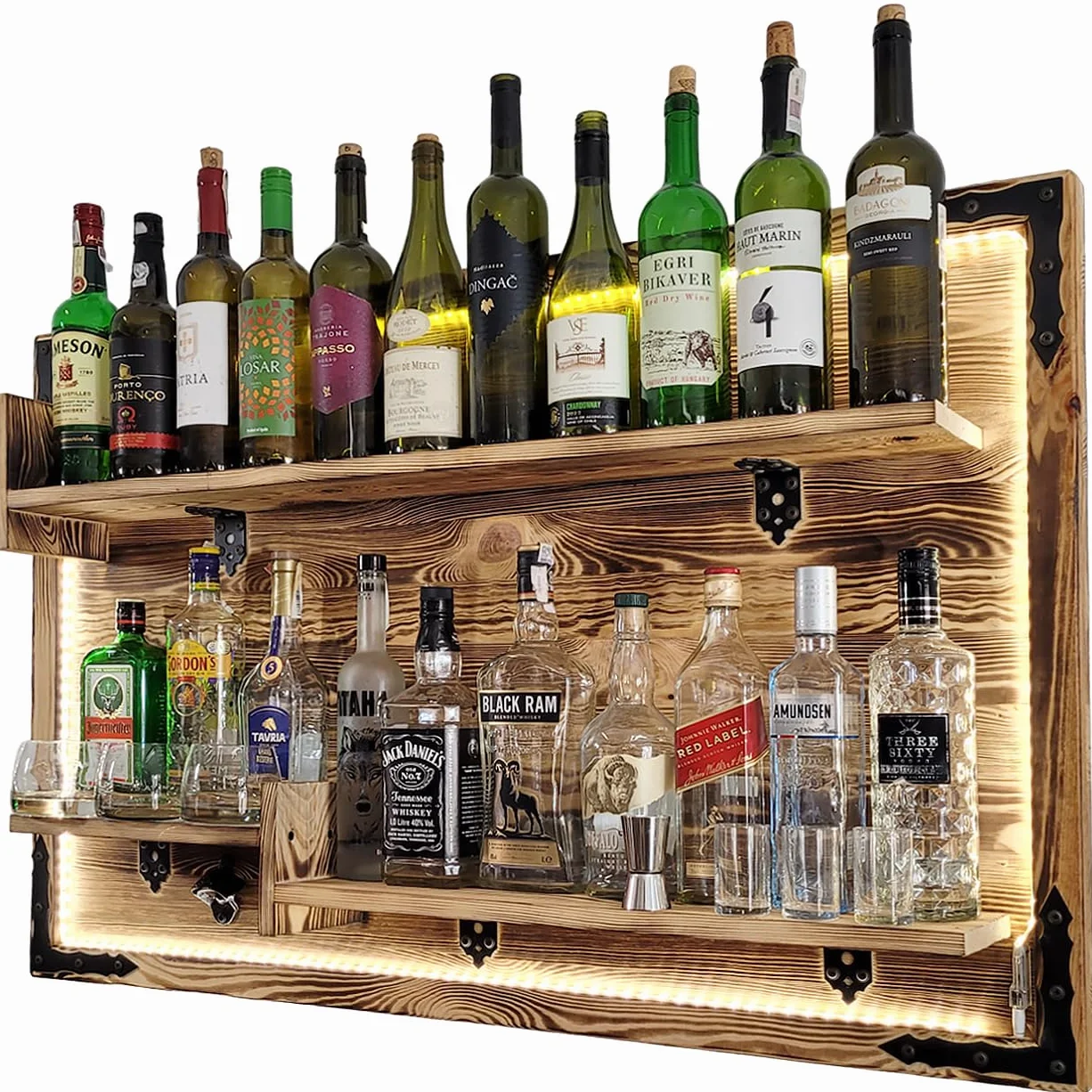 weeco Regał wiszący na ścianie, oświetlenie LED, rustic alkoholowy stojak, regał ścienny, stojak na whisky