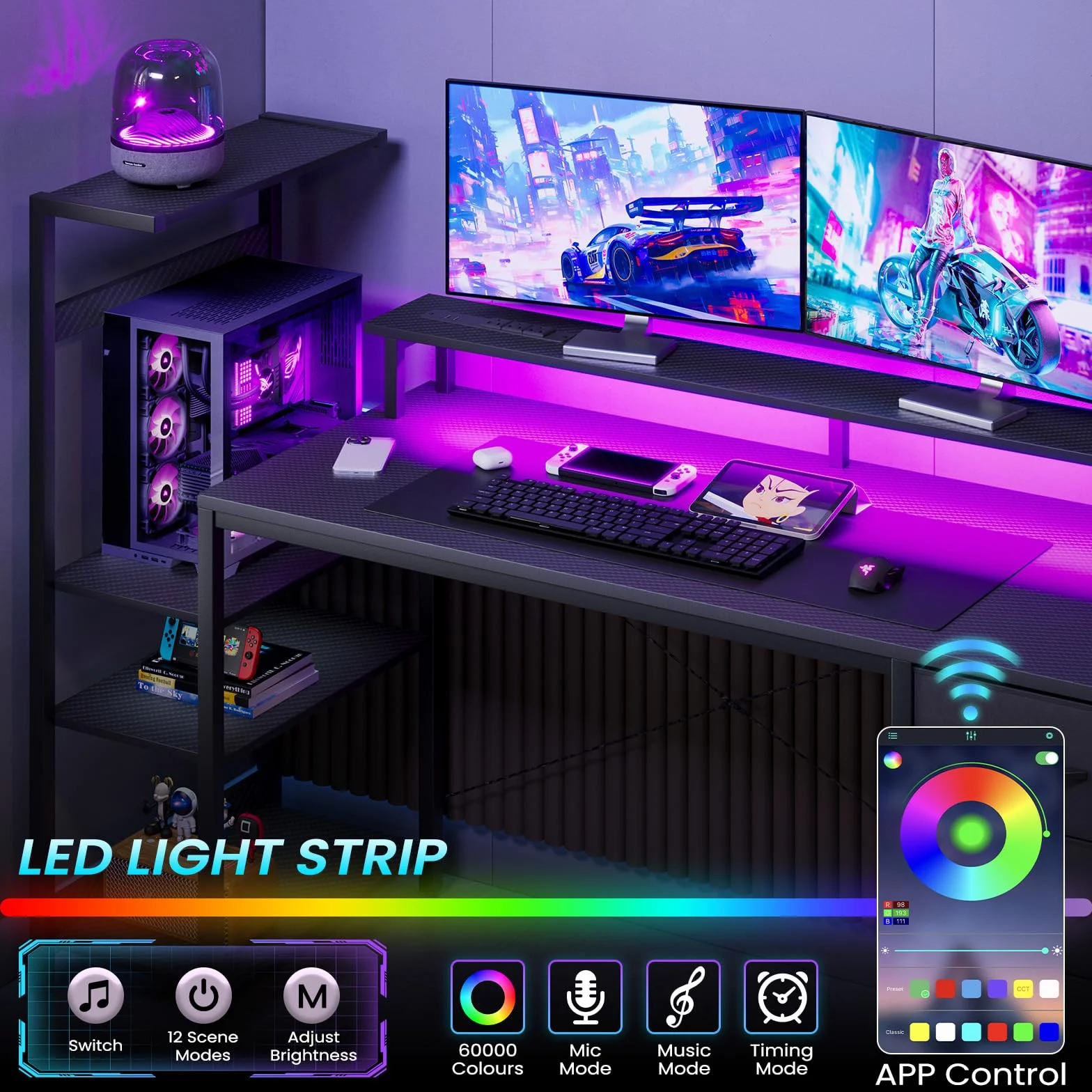 APICIZON Biurko gamingowe 150 cm z szafką na książki – odwracalne biurko komputerowe z oświetleniem LED RGB, 2 porty USB, uchwyt na głowę i uchwyt na kubek, wygląd karbonu, kolor czarny
