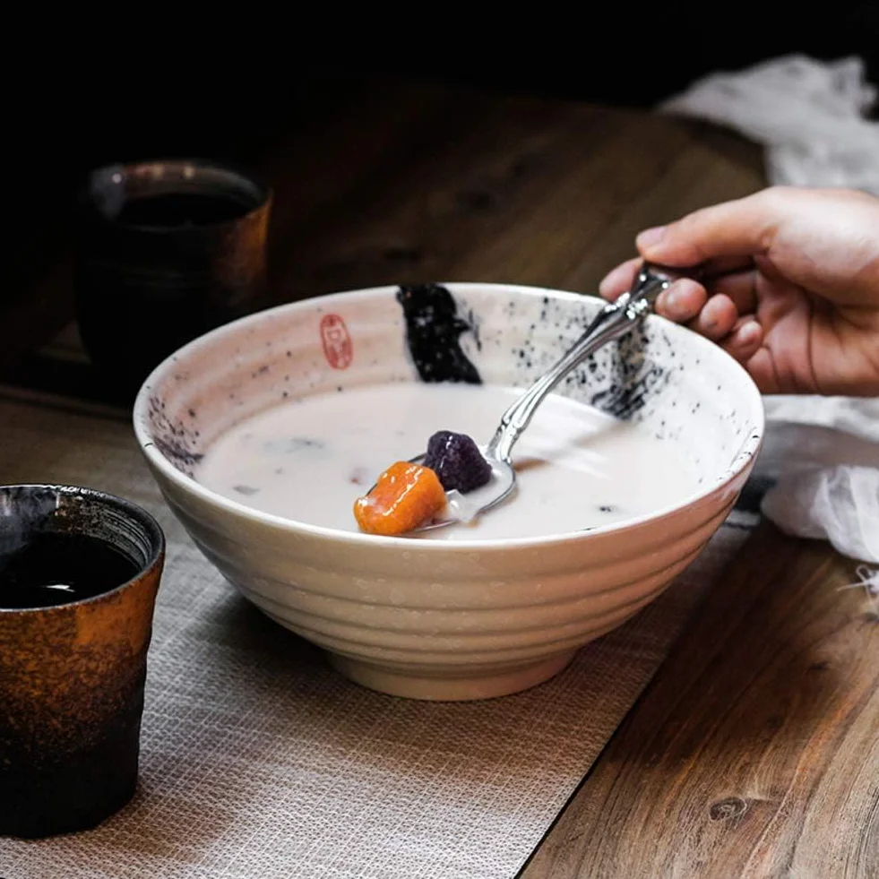 Japońska duża 19 cm miska do serwowania Ramen miska ceramiczna retro miska na zupę sałatkę owoce idealna na imprezy ceramiczna zastawa stołowa do płatków śniadaniowych i makaronu.