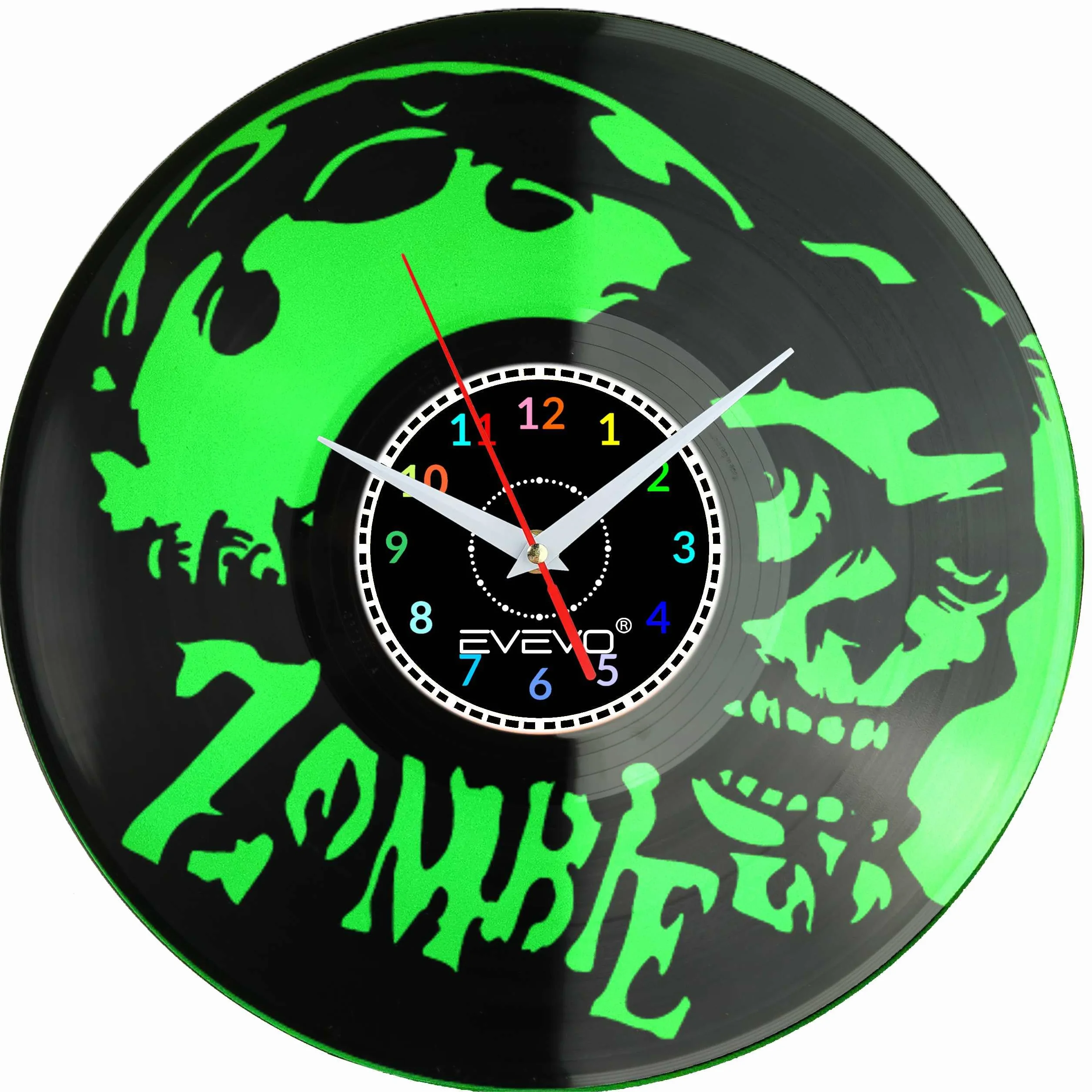 ZOMBIE ZEGAR ŚCIENNY FLUORESCENCYJNE TŁO PŁYTA WINYLOWA PREZENT UPOMINEK URODZINY DLA NIEJ DLA NIEGO F0001