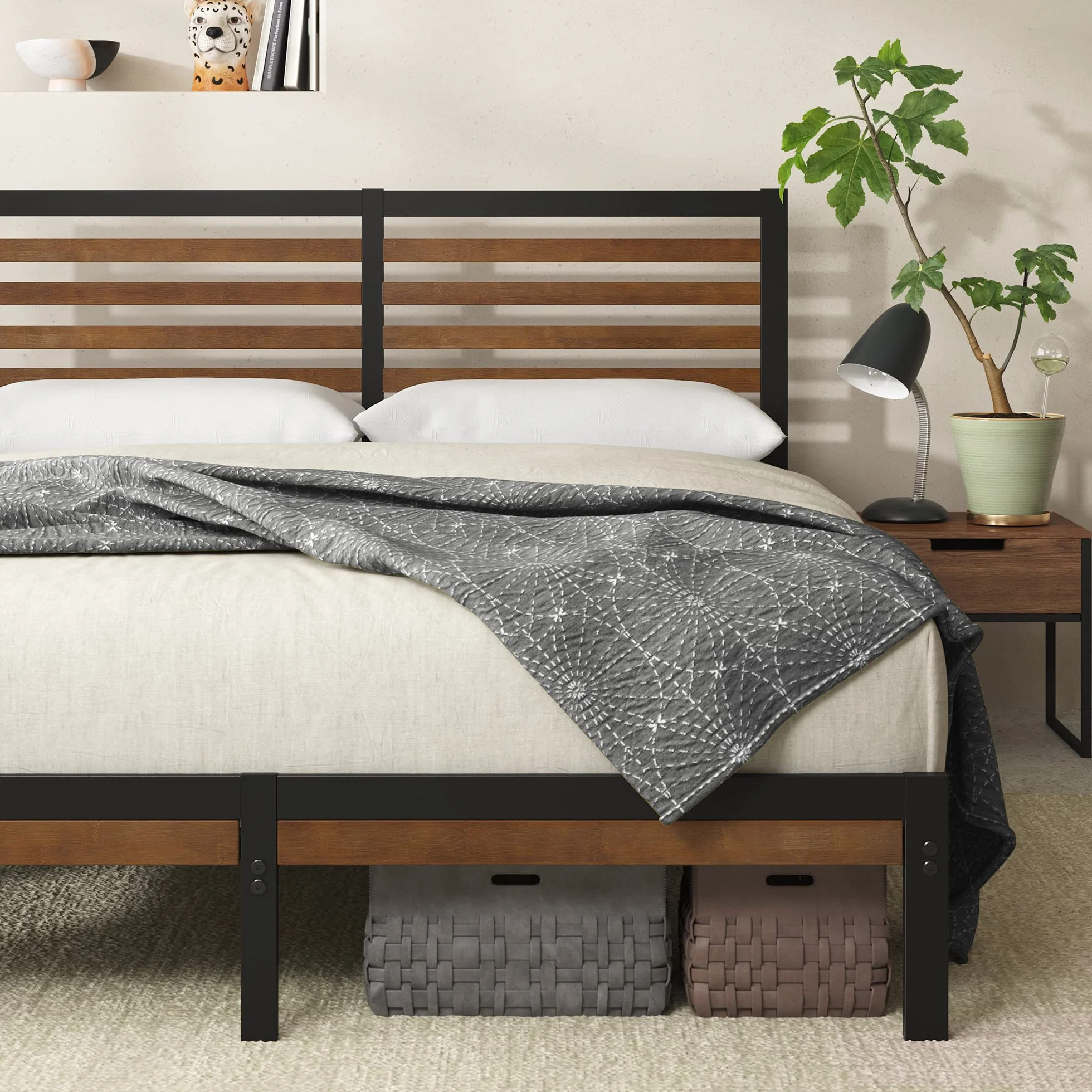 Zinus Kai Łóżko 160 x 200 cm – wysokość 23 cm, łóżko king-size – metalowa rama łóżka bambusowego (brązowo-czarna)