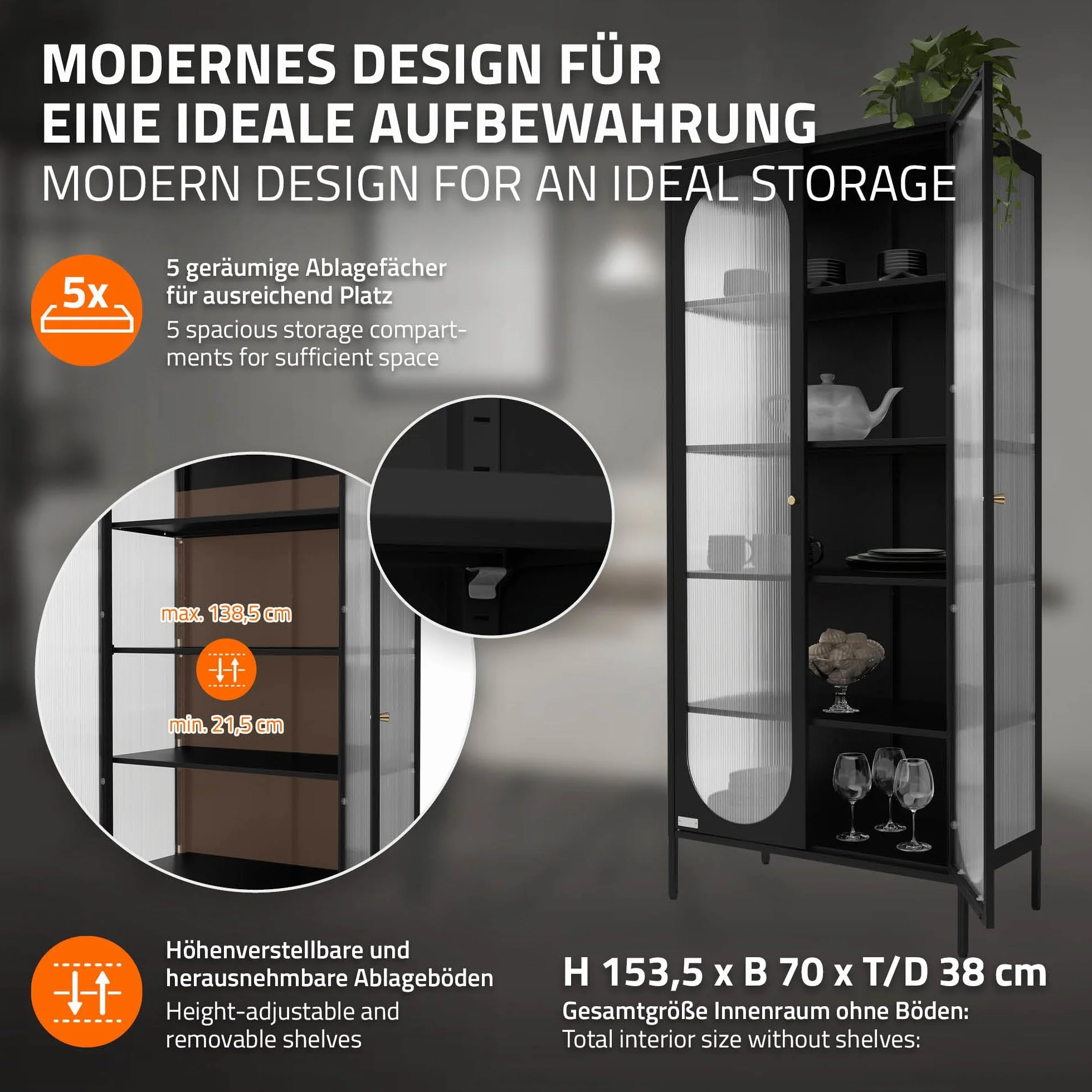 ML-Design Witryna 80x175x40 cm czarna z 5 pólkami i schowkami 2 drzwiami Metalowa szafka do salonu ze stali w stylu industrialnym wysoka idealna na ksiazki dokumenty lub jako szafka podlogowa