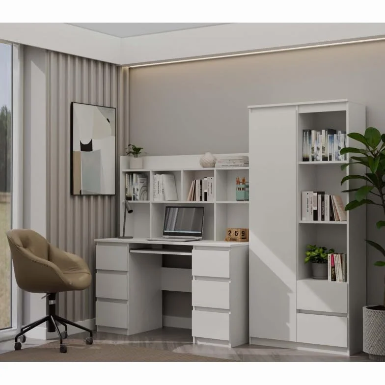 CDF Biurko z Nadstawką Kuba Duży Zestaw do Nauki i Pracy z Półkami i 6 Szufladami Ergonomiczne Stanowisko Komputerowe dla Ucznia i Studenta Regał 130 cm Meble Biurowe - Biały