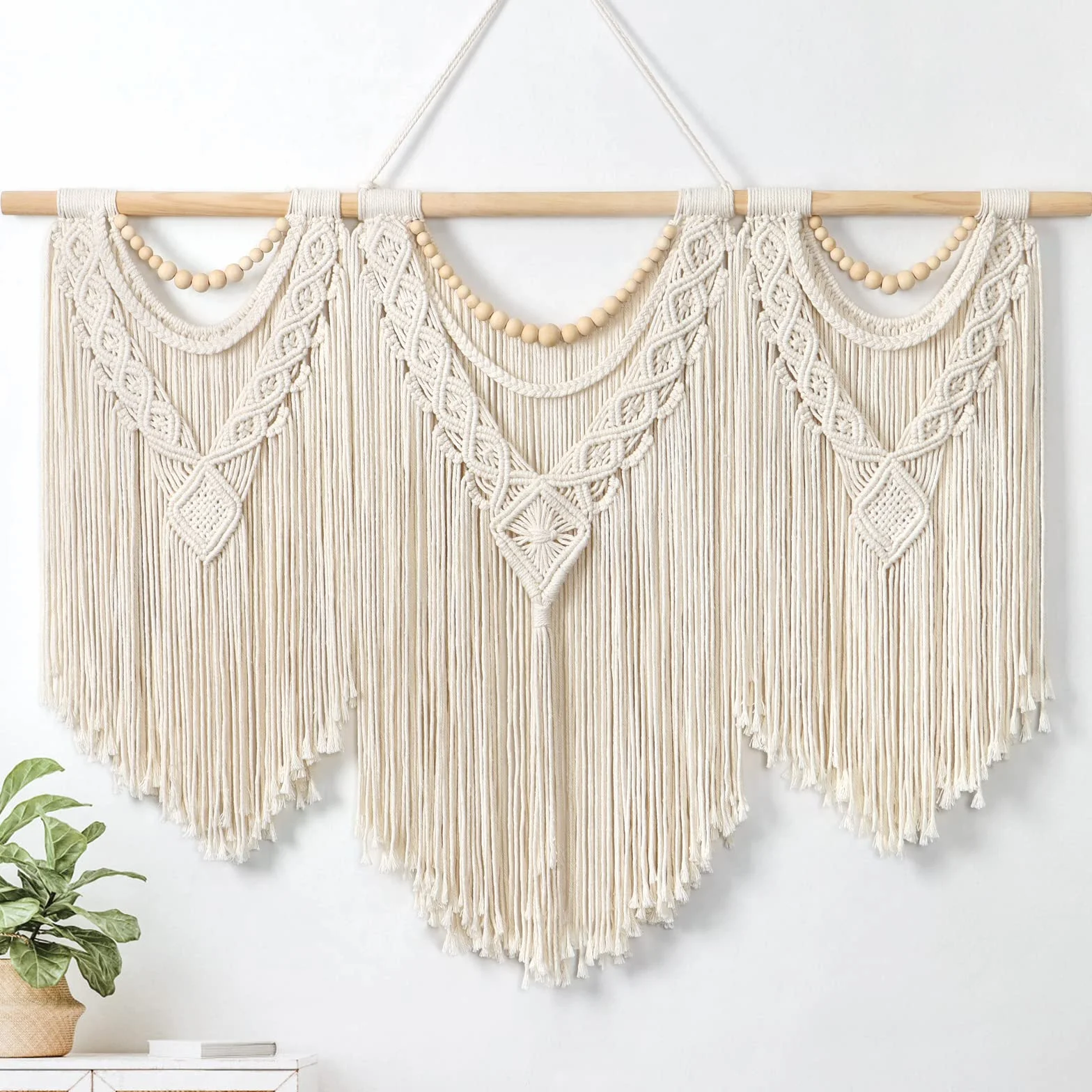 Dremisland Duża makrama, makrama, dywan ścienny, dekoracja ścienna w stylu boho, tkana, beżowe, frędzle, perły, sztuka ścienna, estetyczna chusta na ścianę, makrama, dekoracja ścienna, do sypialni