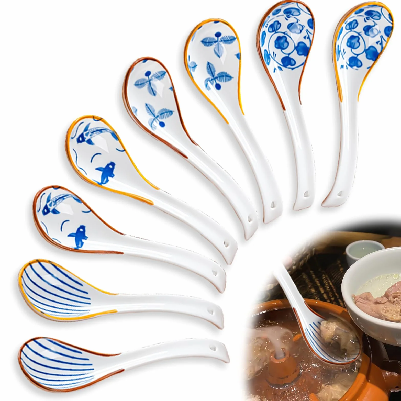 8 azjatyckich łyżek do zupy, 16 x 4,5 cm, styl retro, chińskie łyżki do zupy, ramen z kwiatowym wzorem, ceramiczne łyżki nadają się do pierogów, makaronu ryżowego, wontonu, makaronu i zup